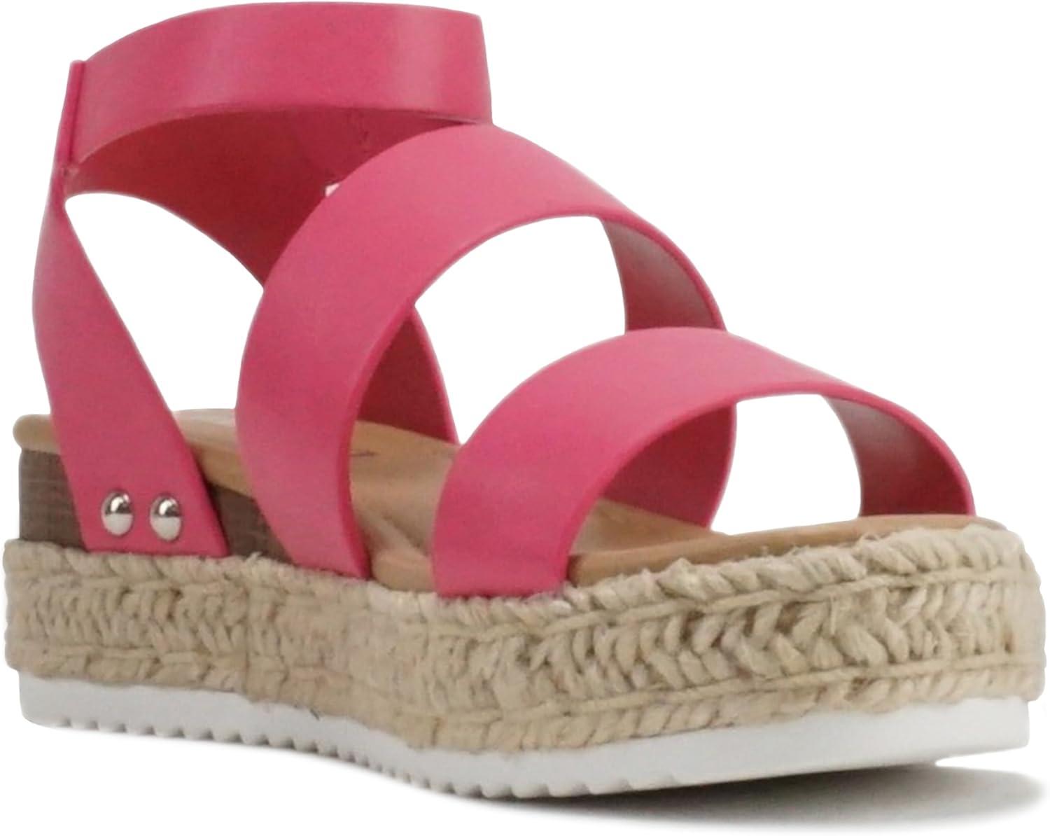 imageSoda BRYCE2 KidsChildrenGirls Open Toe Two Bands Espadrille Jute Platform Wedge Casual Fashion Flatform Sandals with Buckle Ankle StrapPink Pu