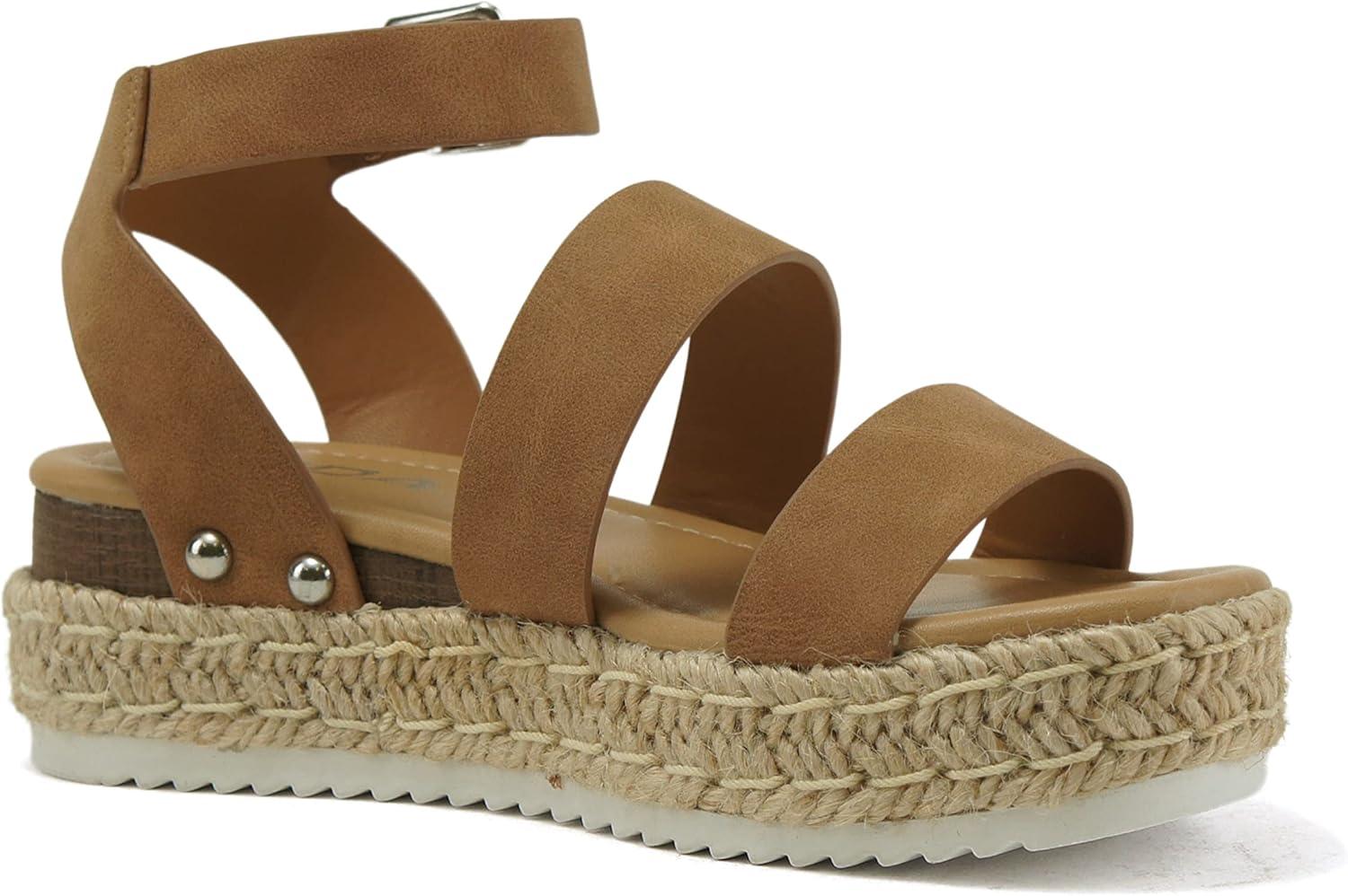 imageSoda BRYCE2 KidsChildrenGirls Open Toe Two Bands Espadrille Jute Platform Wedge Casual Fashion Flatform Sandals with Buckle Ankle StrapTan Nubuck