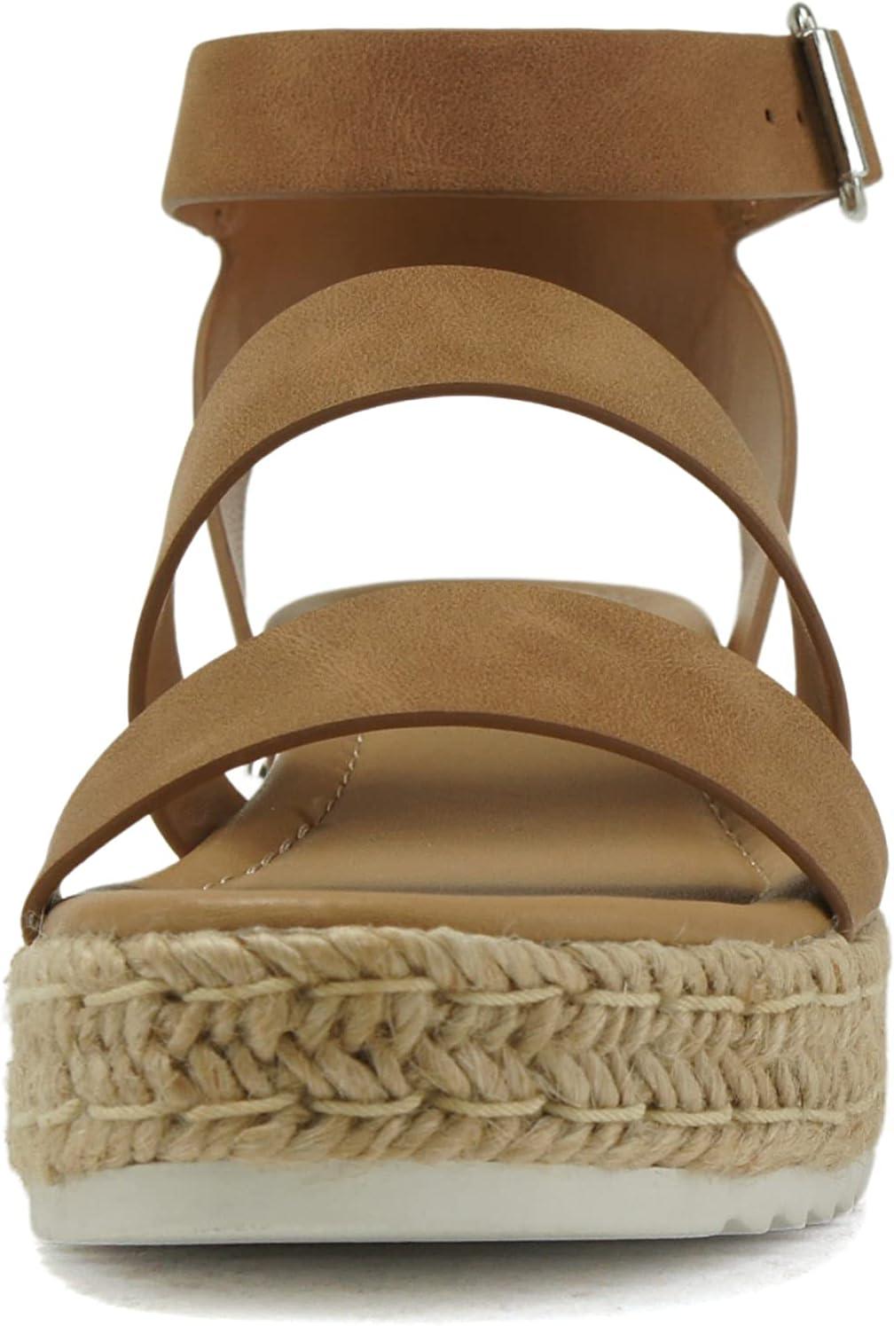 imageSoda BRYCE2 KidsChildrenGirls Open Toe Two Bands Espadrille Jute Platform Wedge Casual Fashion Flatform Sandals with Buckle Ankle StrapTan Nubuck