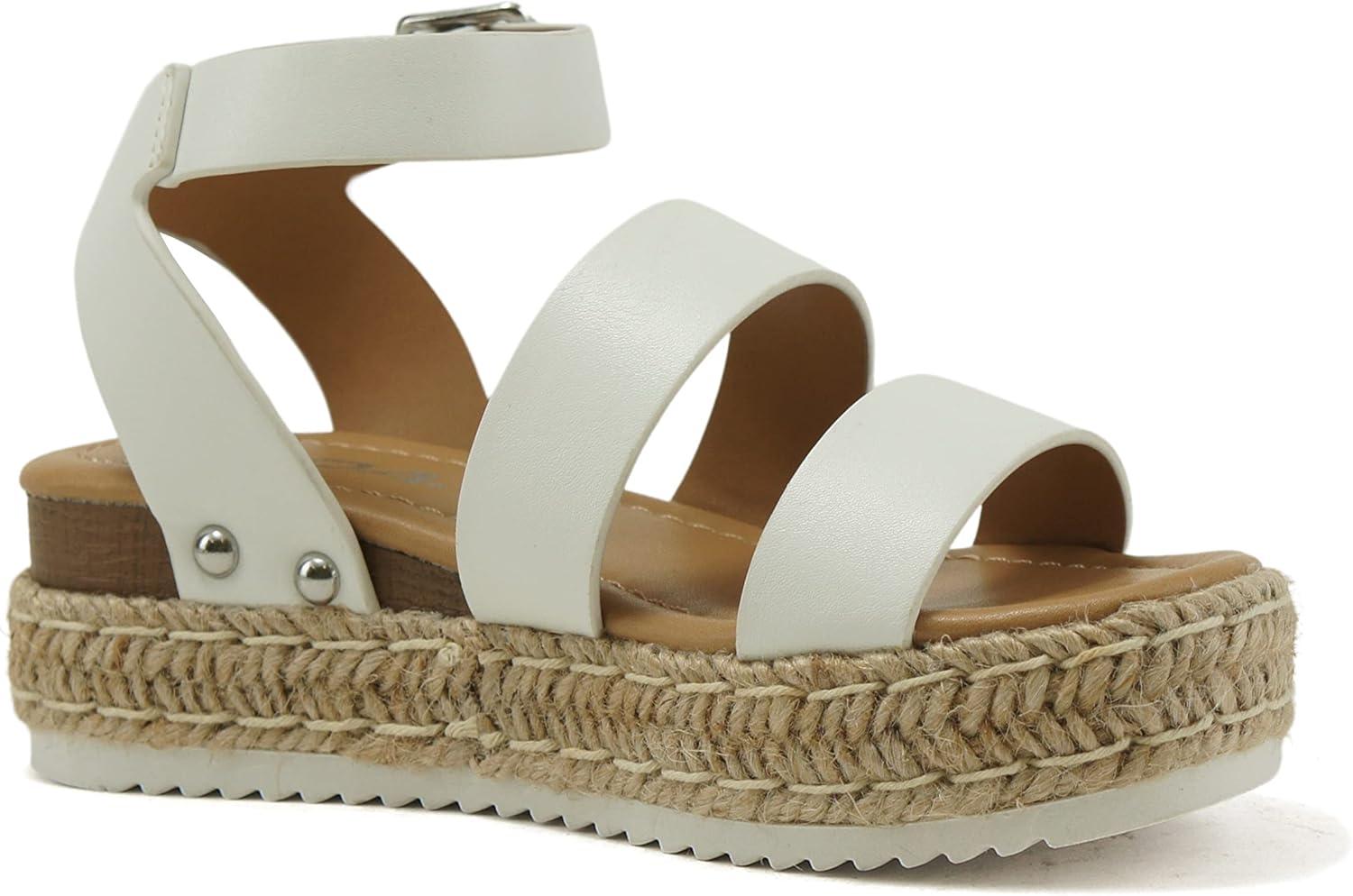 imageSoda BRYCE2 KidsChildrenGirls Open Toe Two Bands Espadrille Jute Platform Wedge Casual Fashion Flatform Sandals with Buckle Ankle StrapWhite Pu