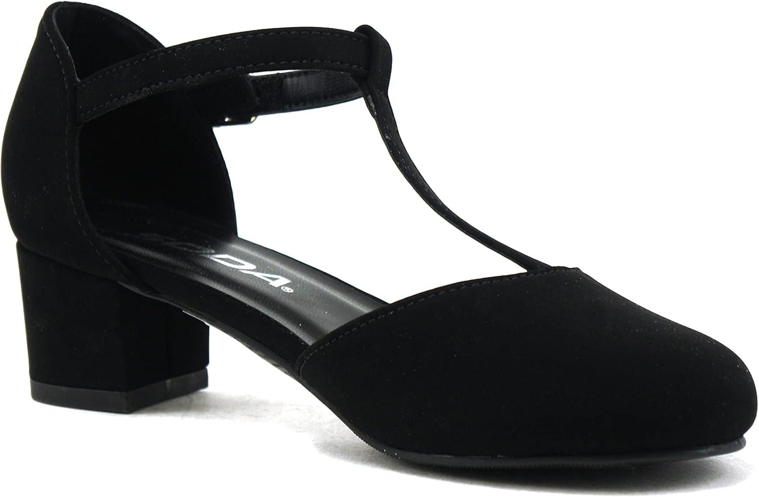 imageSoda Bluff2 KidsChildrenGirls Fashion Sparkly Bling Glitter Classic TStrap Mary Jane Block Heel Rounded ShoesBlack Nubuck