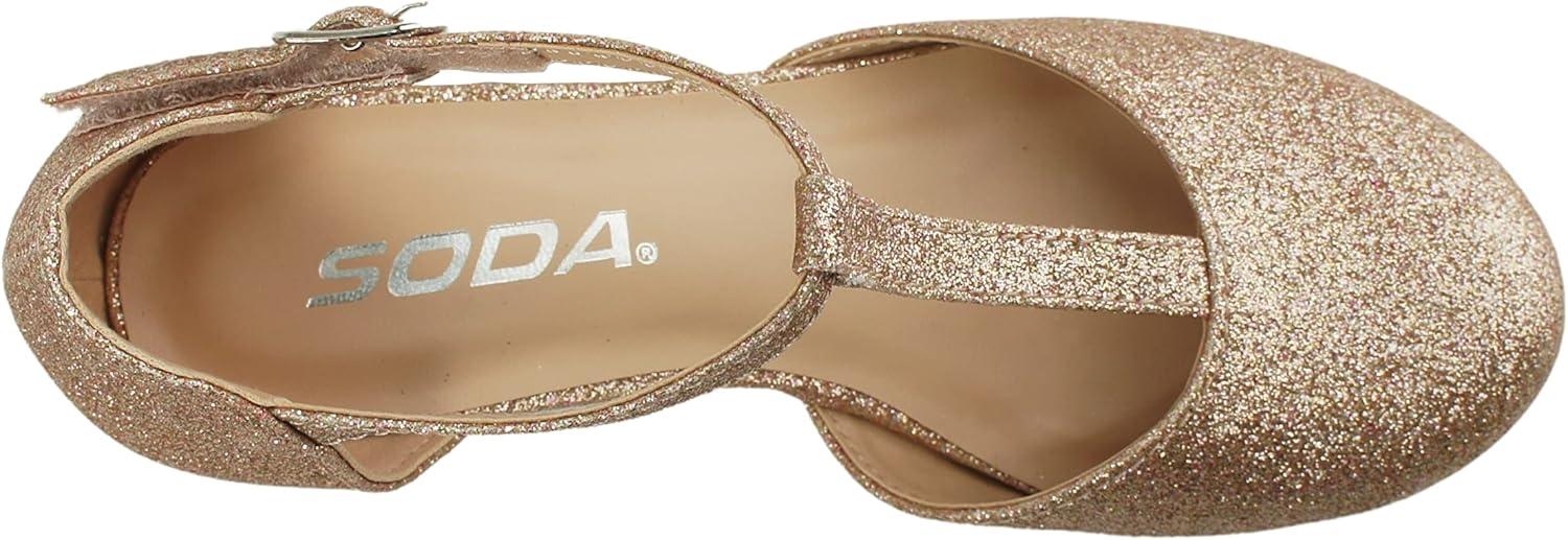 imageSoda Bluff2 KidsChildrenGirls Fashion Sparkly Bling Glitter Classic TStrap Mary Jane Block Heel Rounded ShoesRgold Glitter
