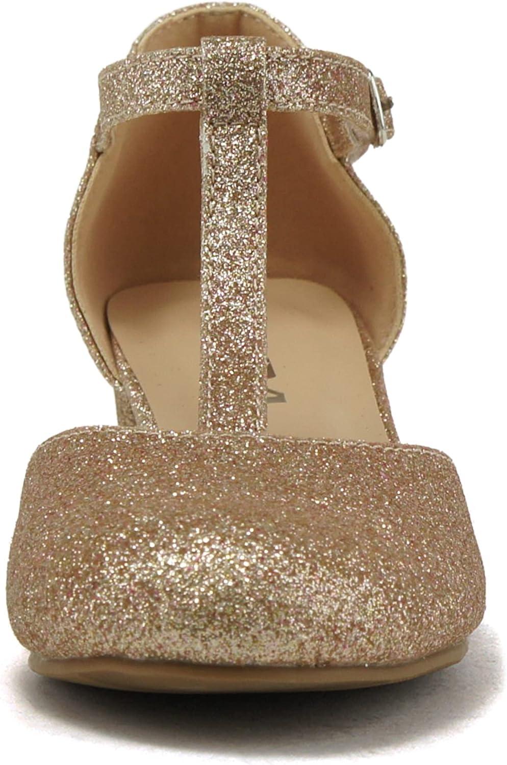 imageSoda Bluff2 KidsChildrenGirls Fashion Sparkly Bling Glitter Classic TStrap Mary Jane Block Heel Rounded ShoesRgold Glitter