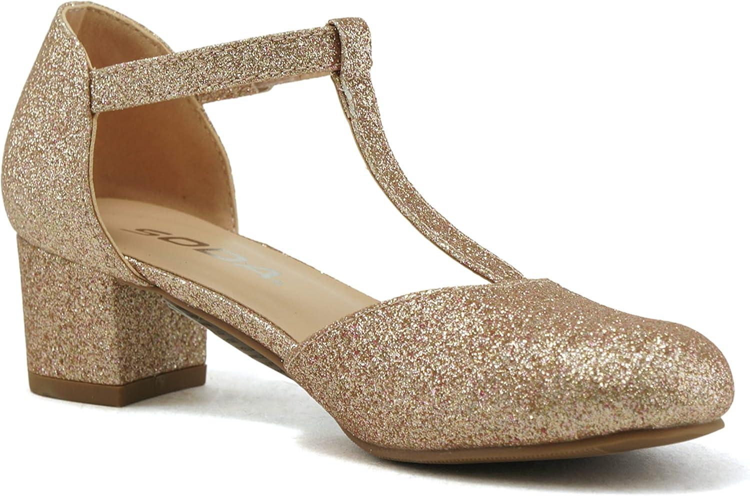 imageSoda Bluff2 KidsChildrenGirls Fashion Sparkly Bling Glitter Classic TStrap Mary Jane Block Heel Rounded ShoesRgold Glitter