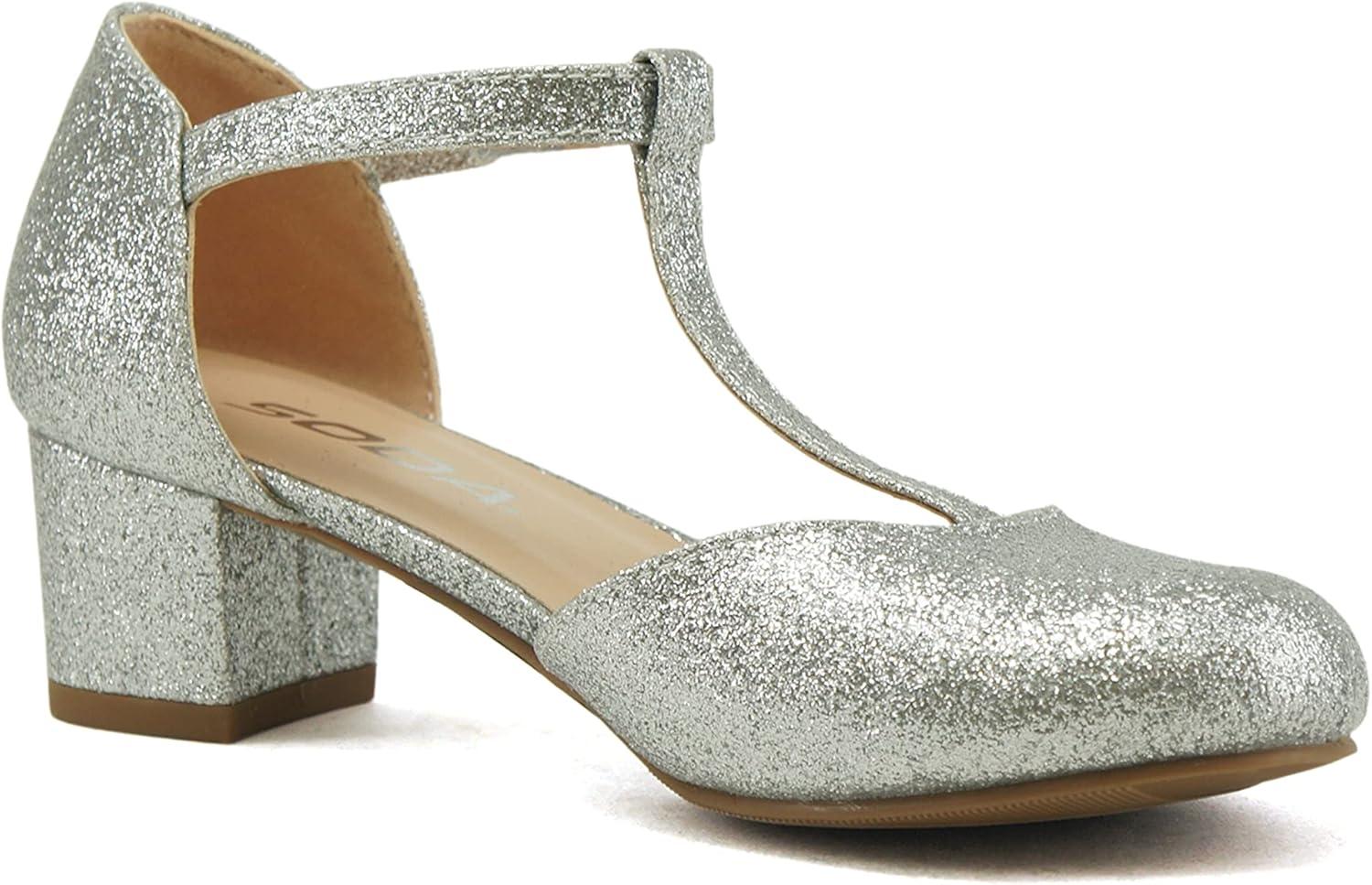 imageSoda Bluff2 KidsChildrenGirls Fashion Sparkly Bling Glitter Classic TStrap Mary Jane Block Heel Rounded ShoesSilver Glitter