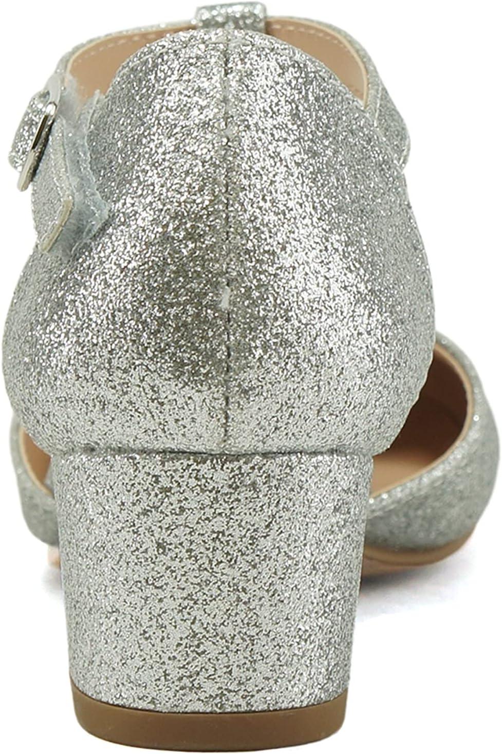 imageSoda Bluff2 KidsChildrenGirls Fashion Sparkly Bling Glitter Classic TStrap Mary Jane Block Heel Rounded ShoesSilver Glitter
