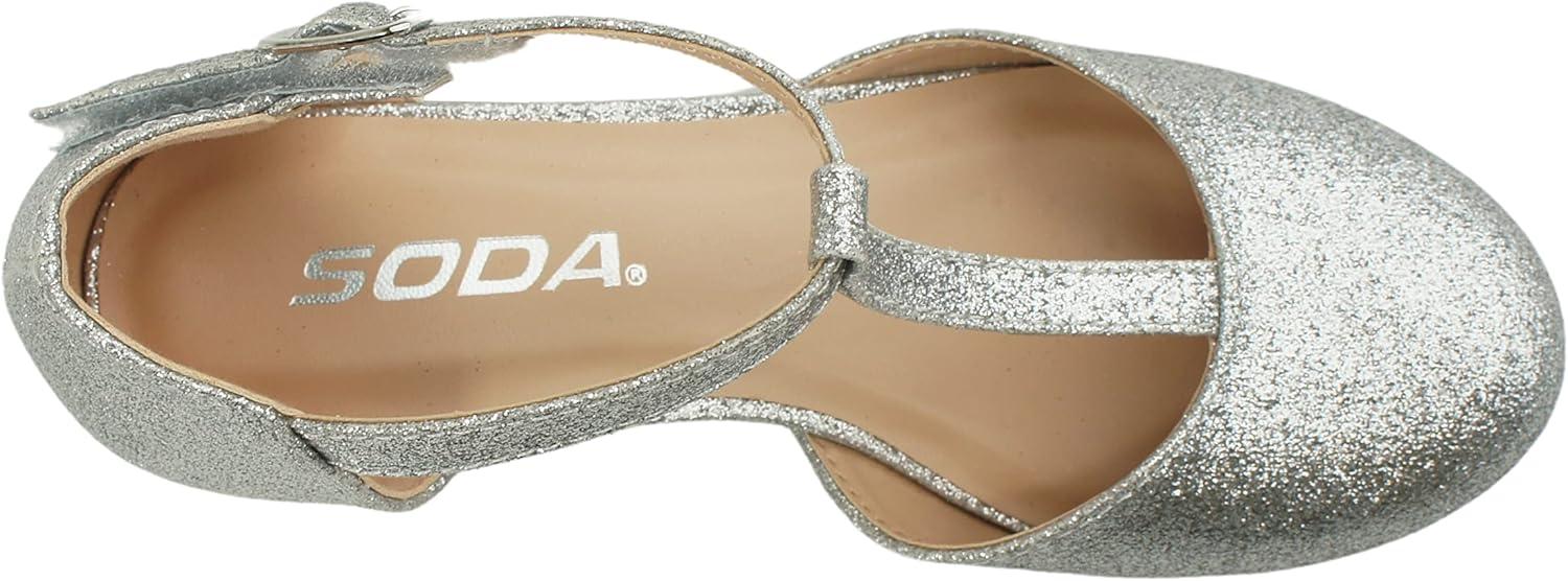 imageSoda Bluff2 KidsChildrenGirls Fashion Sparkly Bling Glitter Classic TStrap Mary Jane Block Heel Rounded ShoesSilver Glitter