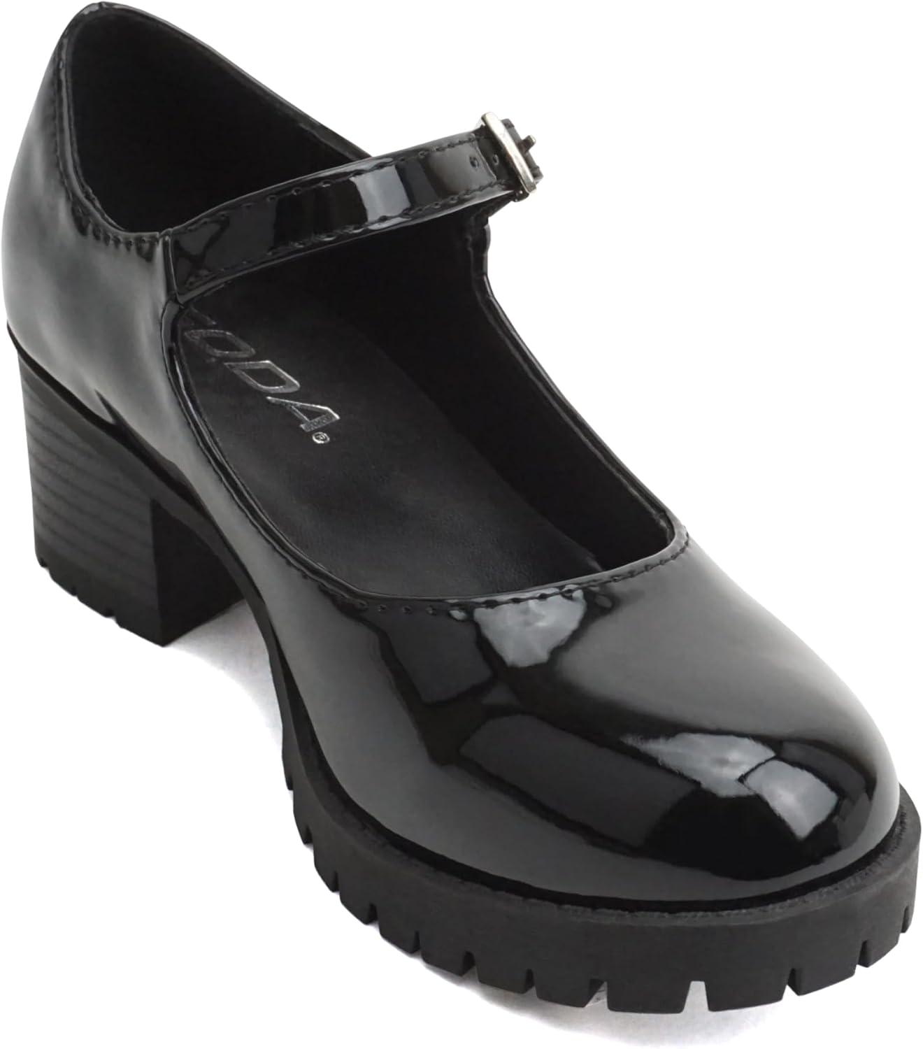 imageSoda Boxer2 KidsChildrenGirls Lug Sole Block Heel Mary Jane with Adjustable StrapBlack Patent