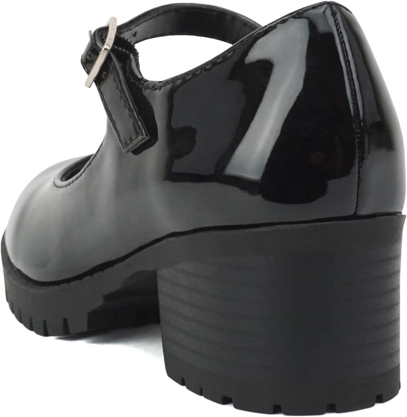 imageSoda Boxer2 KidsChildrenGirls Lug Sole Block Heel Mary Jane with Adjustable StrapBlack Patent