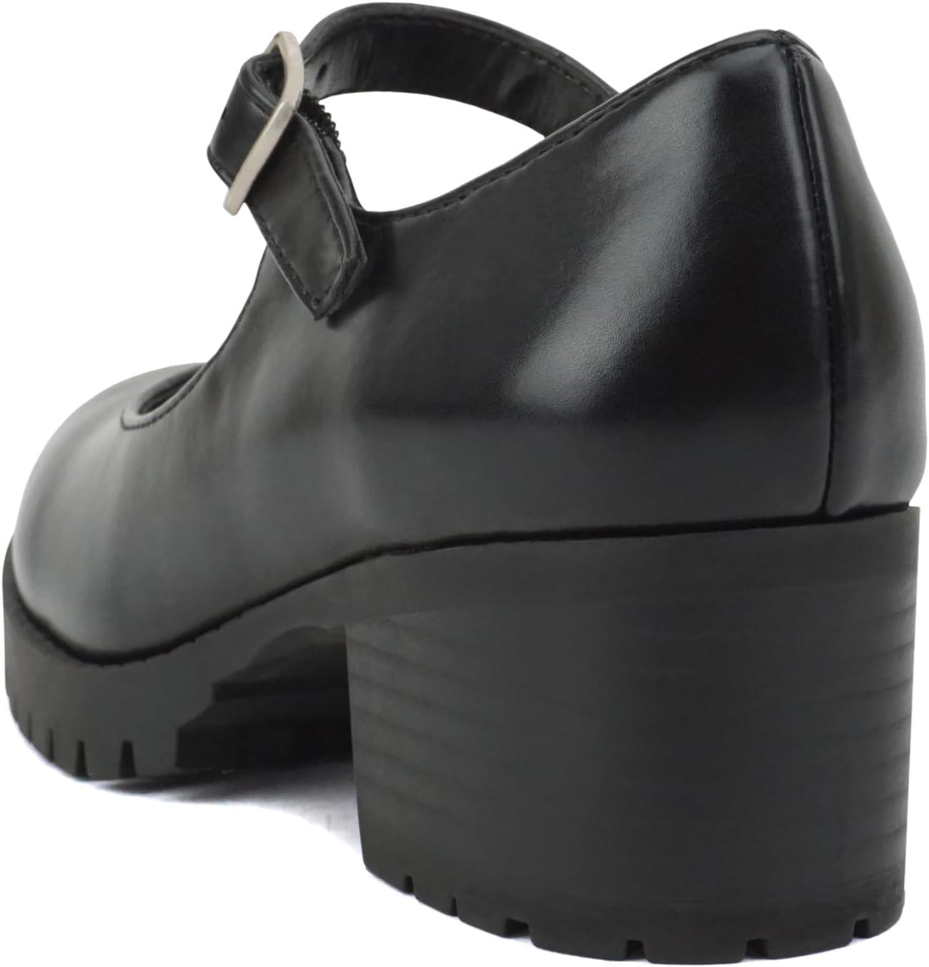 imageSoda Boxer2 KidsChildrenGirls Lug Sole Block Heel Mary Jane with Adjustable StrapBlack Pu