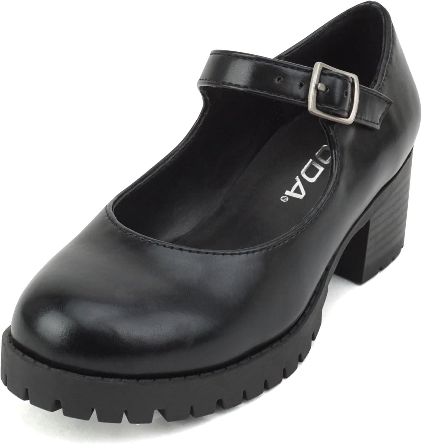 imageSoda Boxer2 KidsChildrenGirls Lug Sole Block Heel Mary Jane with Adjustable StrapBlack Pu