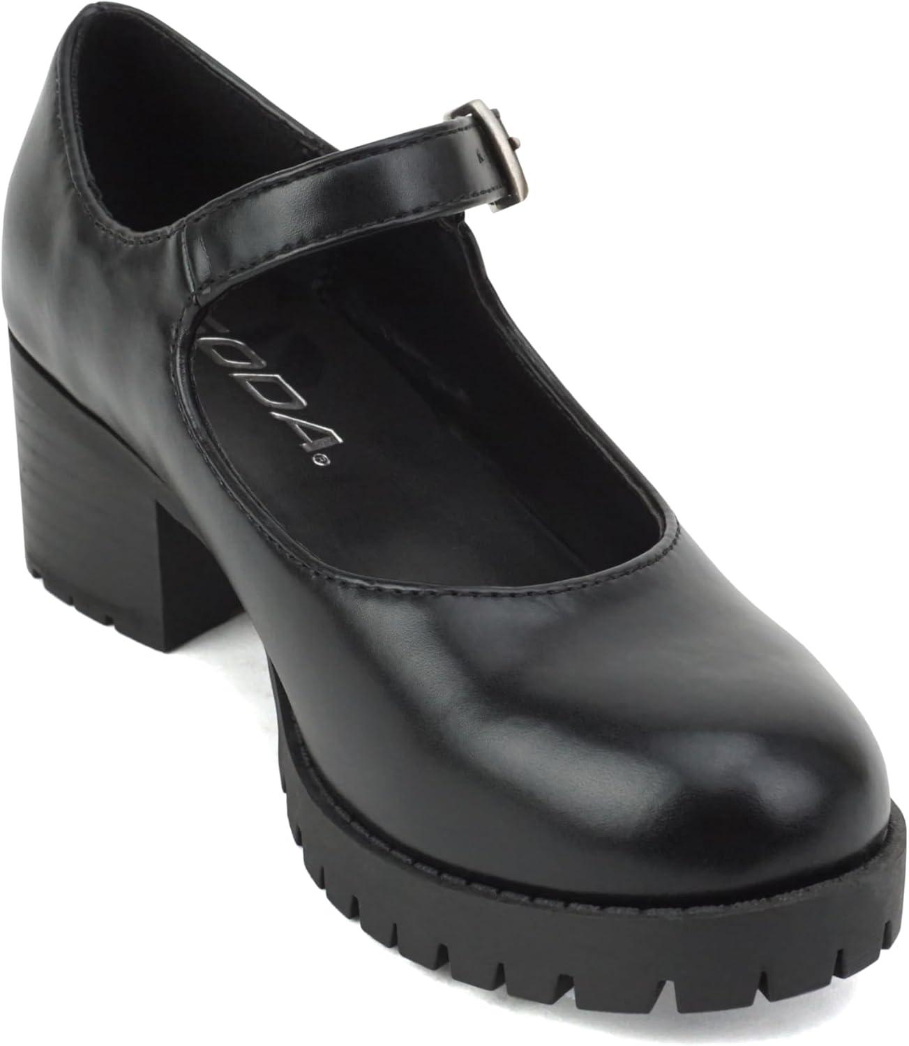 imageSoda Boxer2 KidsChildrenGirls Lug Sole Block Heel Mary Jane with Adjustable StrapBlack Pu