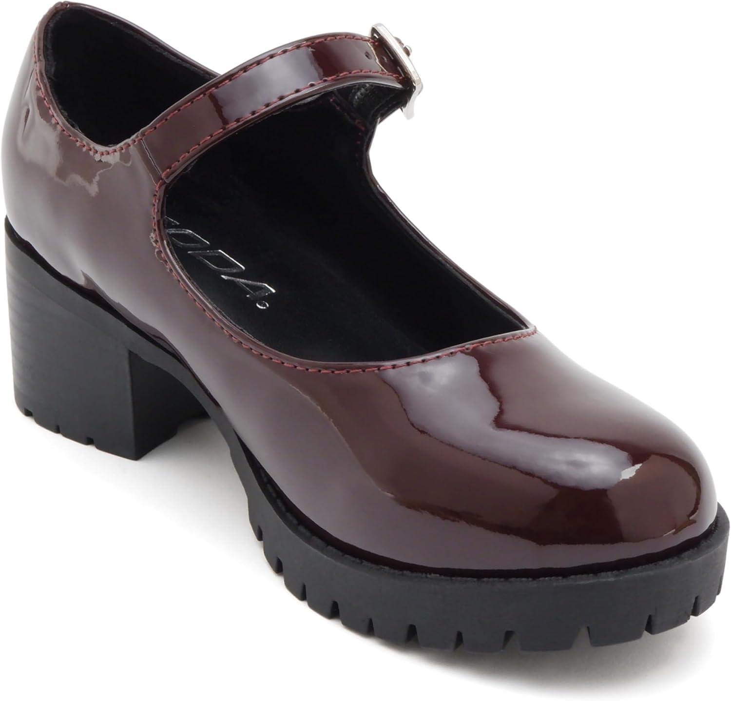 imageSoda Boxer2 KidsChildrenGirls Lug Sole Block Heel Mary Jane with Adjustable StrapBurgundy Patent