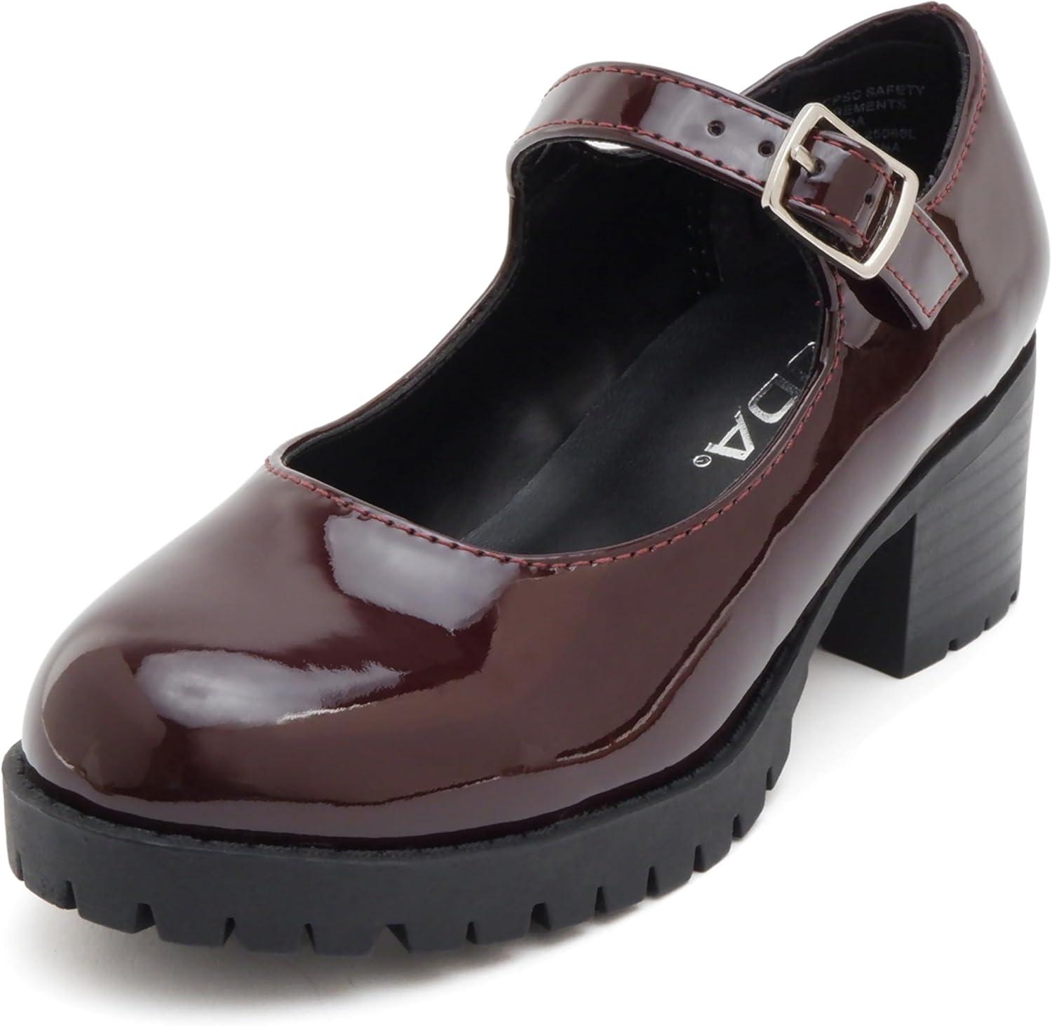 imageSoda Boxer2 KidsChildrenGirls Lug Sole Block Heel Mary Jane with Adjustable StrapBurgundy Patent