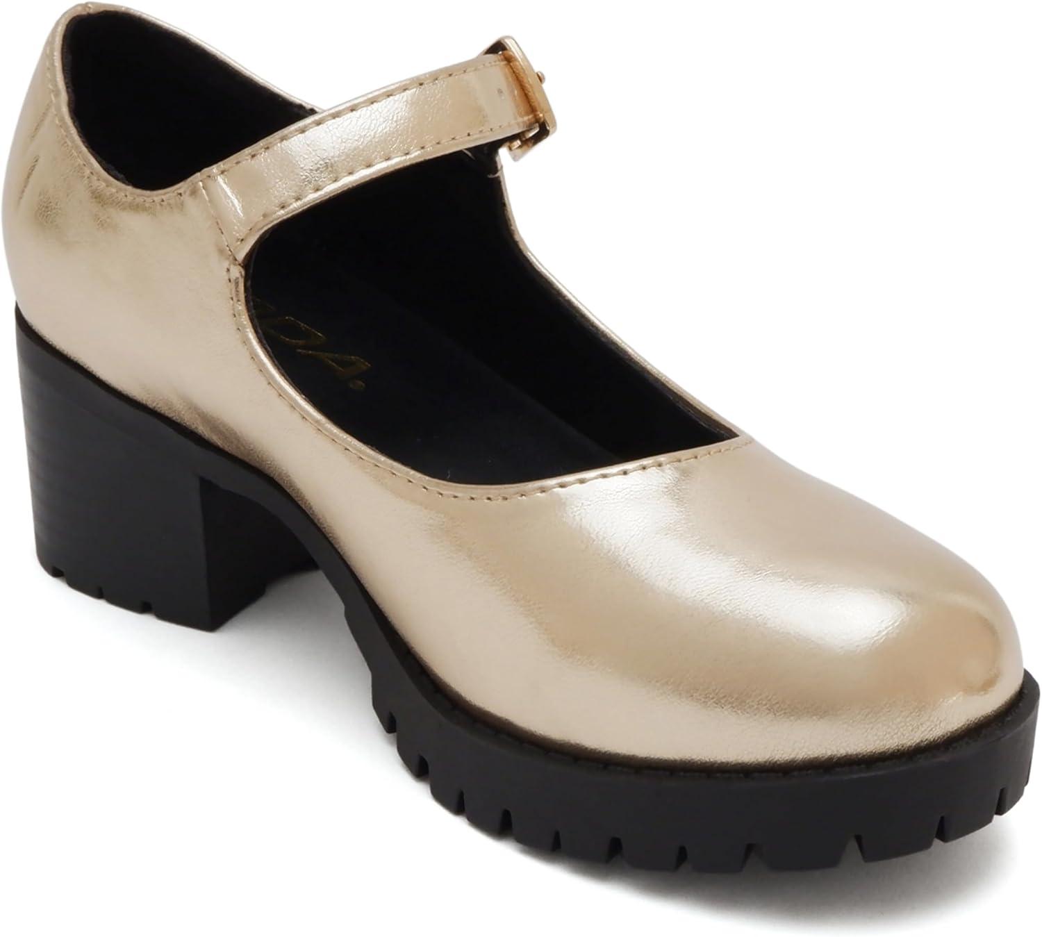 imageSoda Boxer2 KidsChildrenGirls Lug Sole Block Heel Mary Jane with Adjustable StrapGold Pu