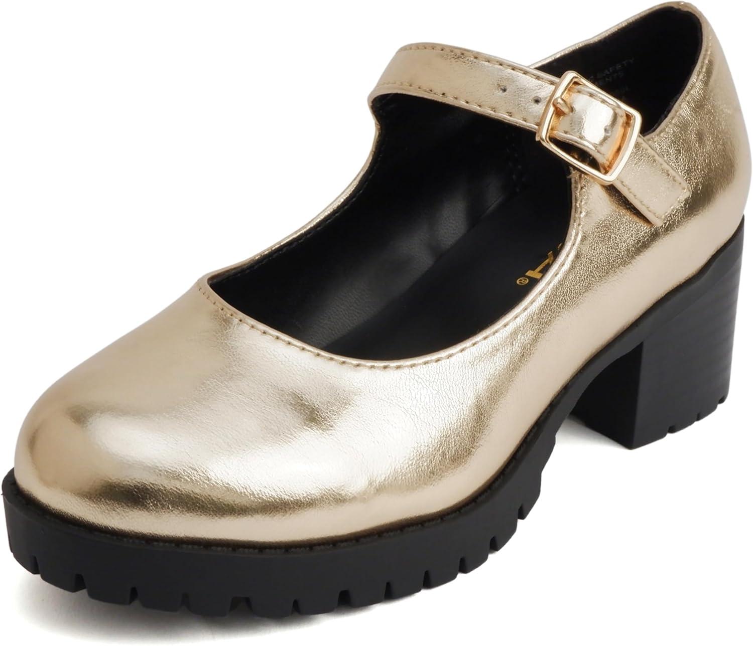 imageSoda Boxer2 KidsChildrenGirls Lug Sole Block Heel Mary Jane with Adjustable StrapGold Pu