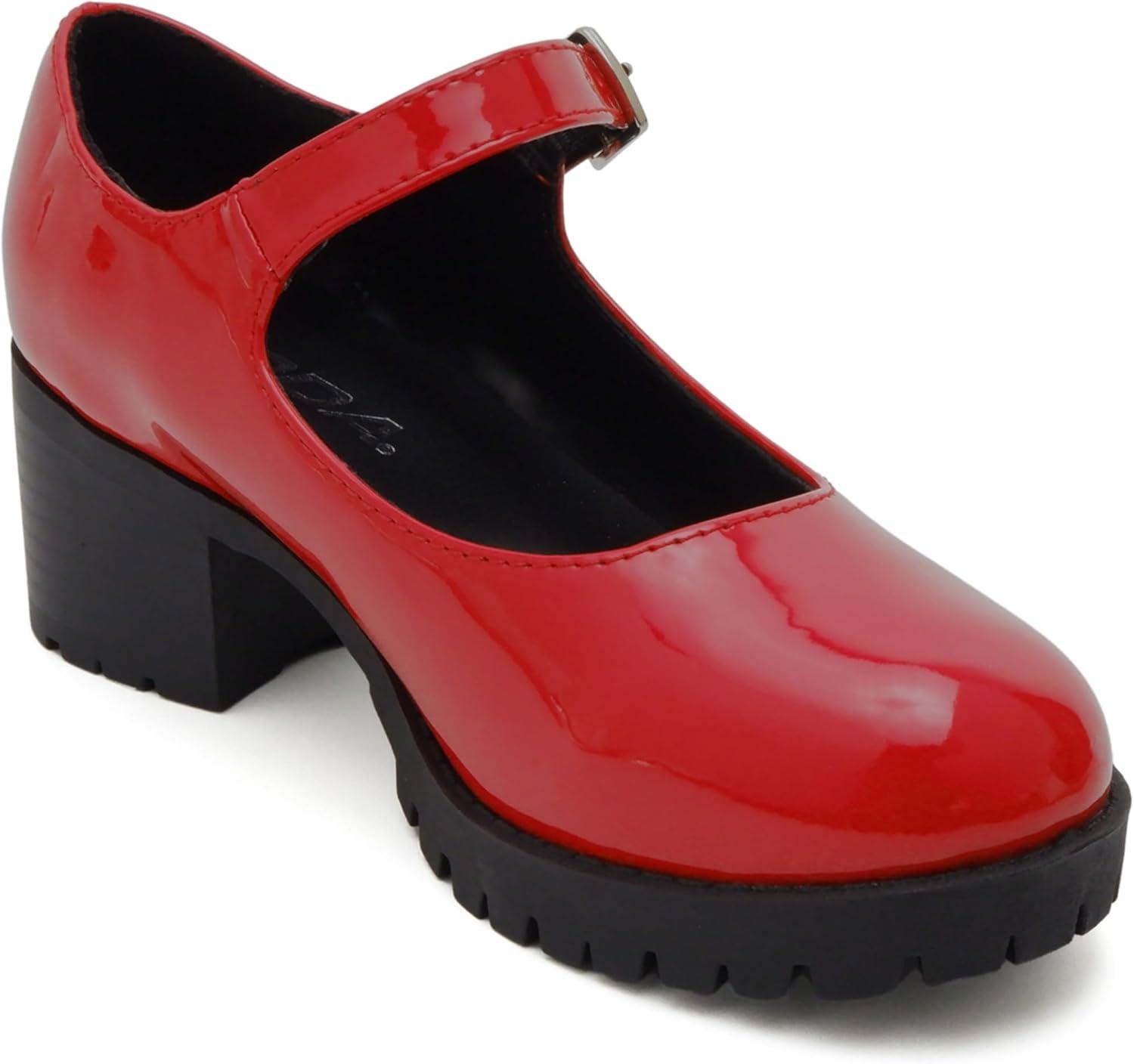 imageSoda Boxer2 KidsChildrenGirls Lug Sole Block Heel Mary Jane with Adjustable StrapRed Patent