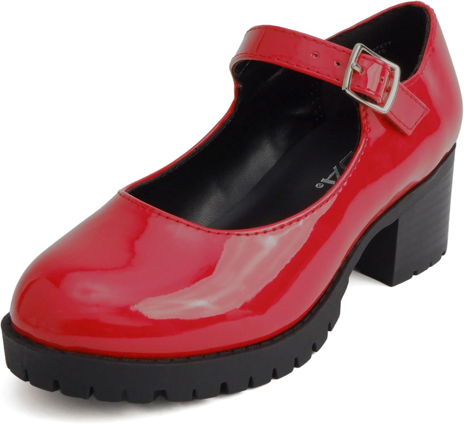 imageSoda Boxer2 KidsChildrenGirls Lug Sole Block Heel Mary Jane with Adjustable StrapRed Patent