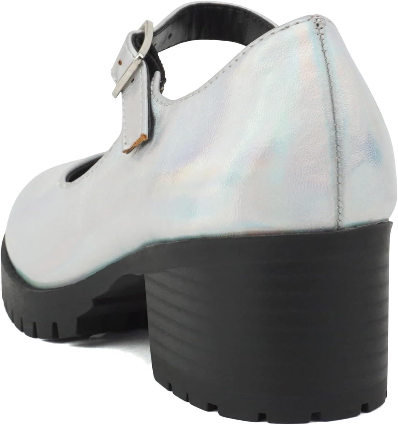 imageSoda Boxer2 KidsChildrenGirls Lug Sole Block Heel Mary Jane with Adjustable StrapSilver Iridescent Pu