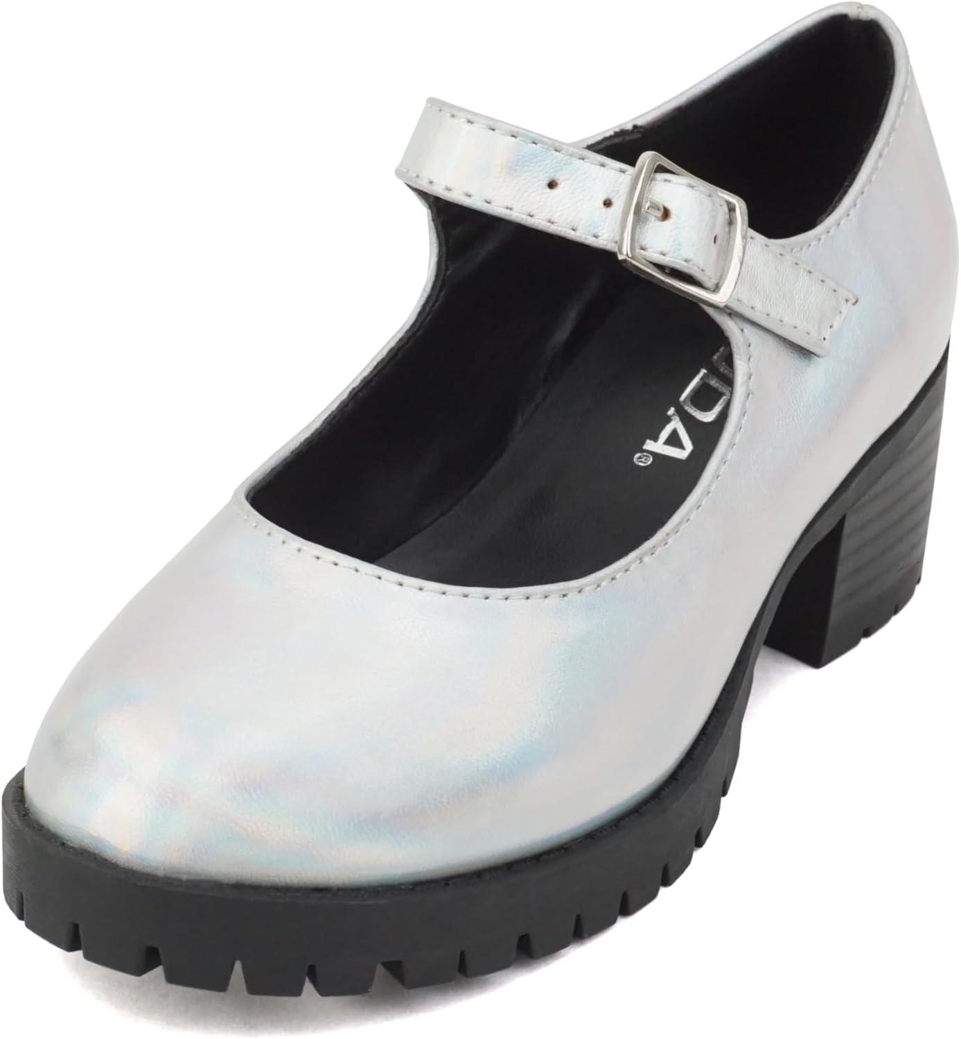imageSoda Boxer2 KidsChildrenGirls Lug Sole Block Heel Mary Jane with Adjustable StrapSilver Iridescent Pu