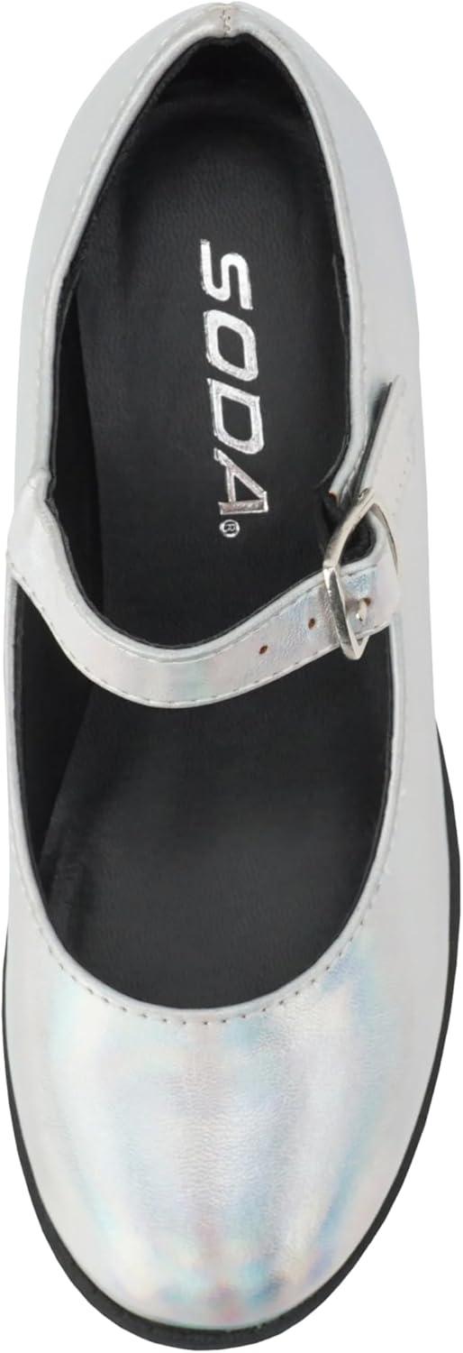 imageSoda Boxer2 KidsChildrenGirls Lug Sole Block Heel Mary Jane with Adjustable StrapSilver Iridescent Pu