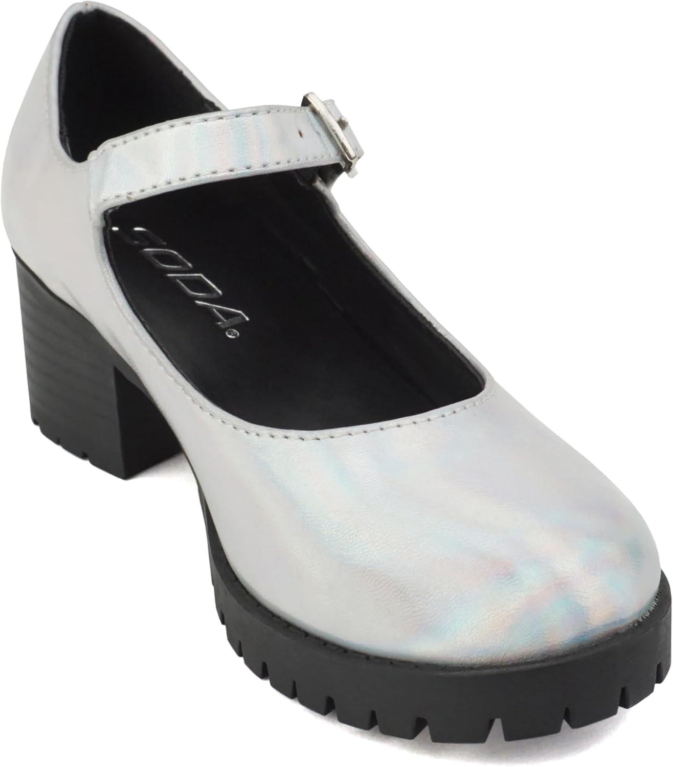 imageSoda Boxer2 KidsChildrenGirls Lug Sole Block Heel Mary Jane with Adjustable StrapSilver Iridescent Pu