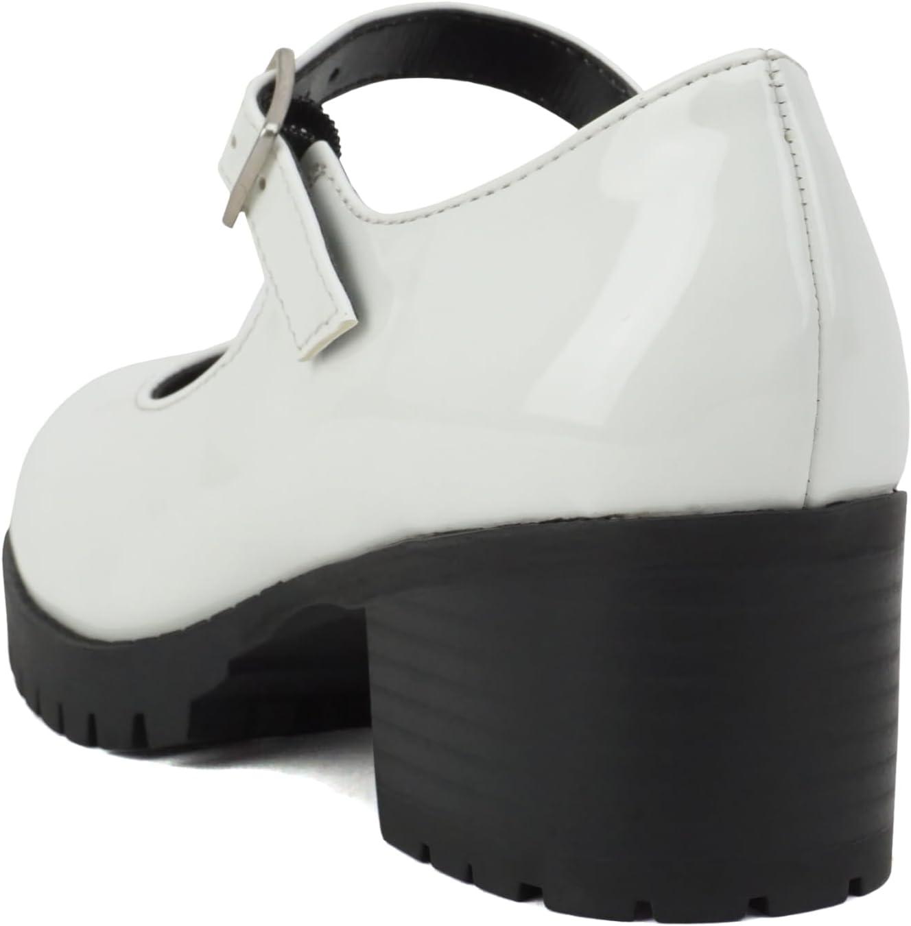 imageSoda Boxer2 KidsChildrenGirls Lug Sole Block Heel Mary Jane with Adjustable StrapWhite Patent