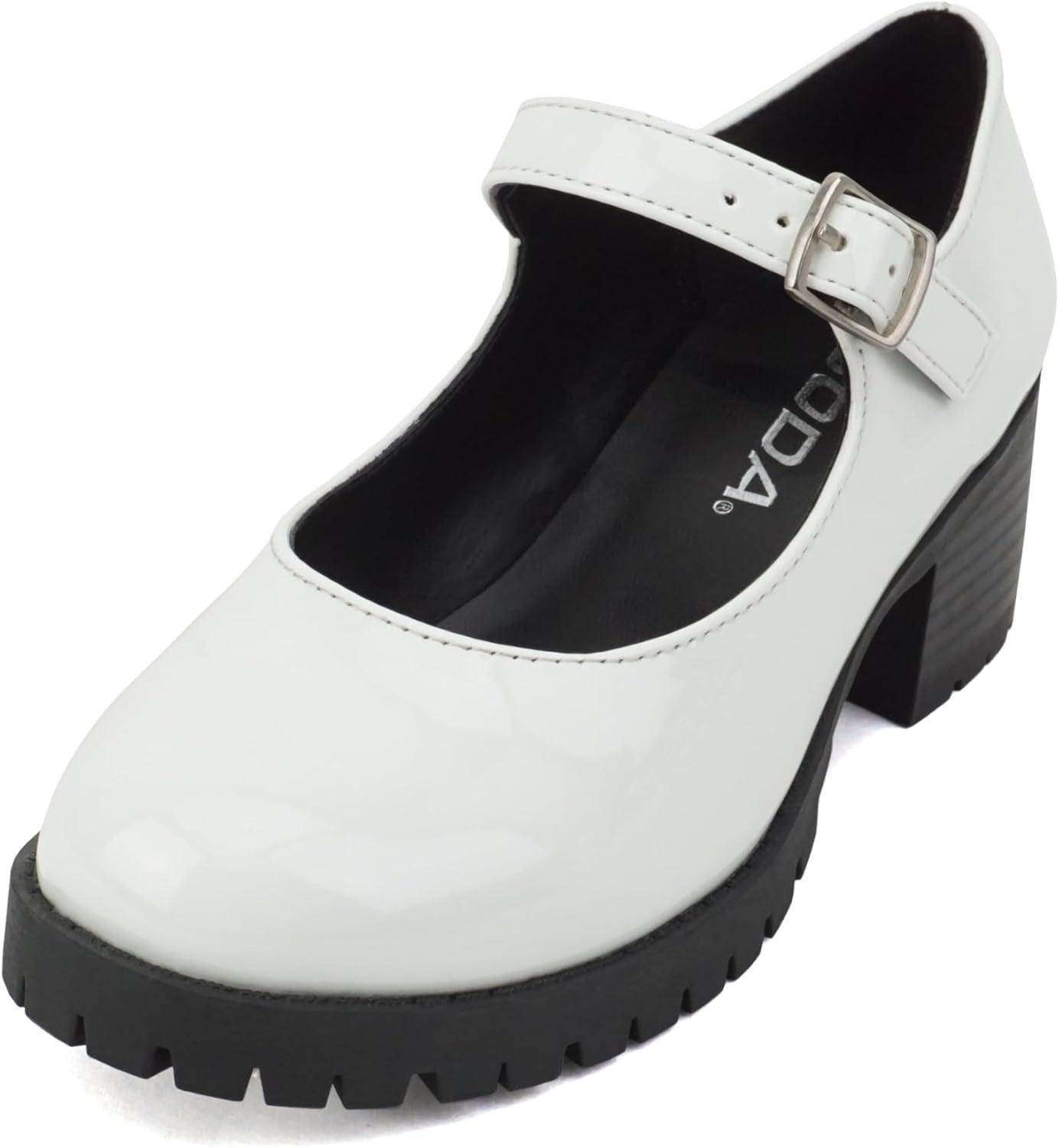 imageSoda Boxer2 KidsChildrenGirls Lug Sole Block Heel Mary Jane with Adjustable StrapWhite Patent