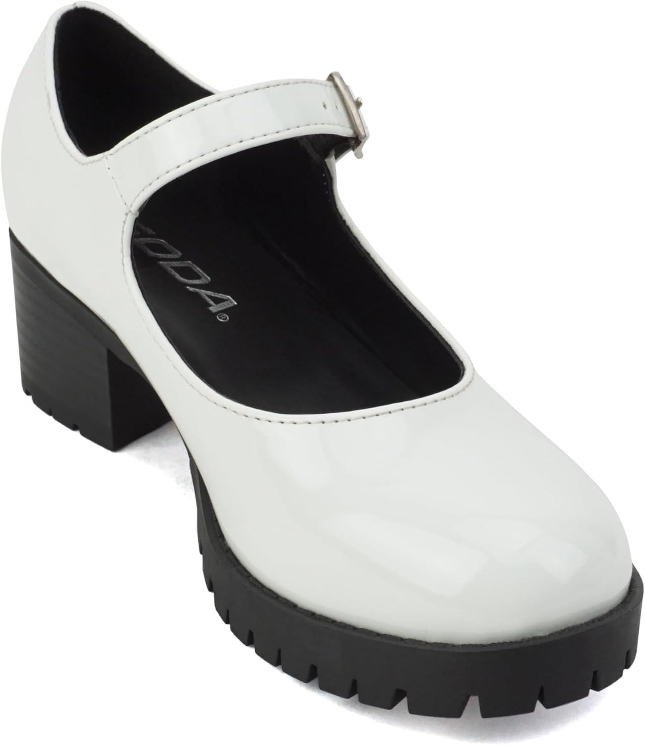 imageSoda Boxer2 KidsChildrenGirls Lug Sole Block Heel Mary Jane with Adjustable StrapWhite Patent