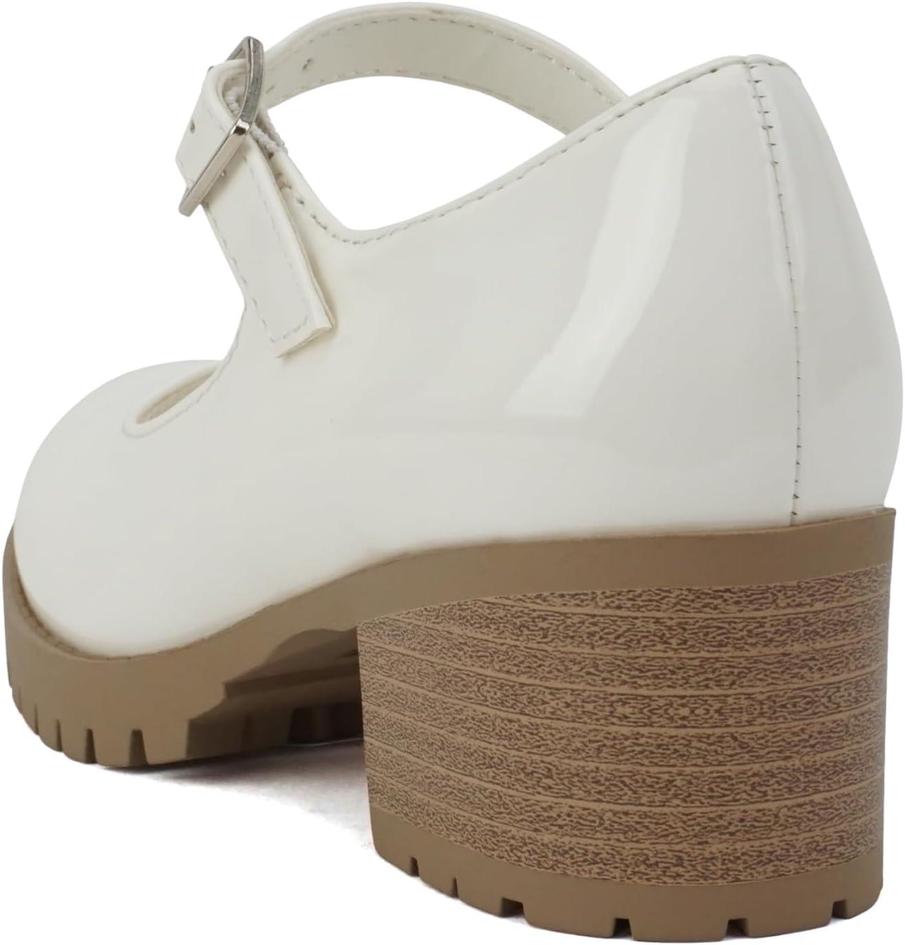 imageSoda Boxer2 KidsChildrenGirls Lug Sole Block Heel Mary Jane with Adjustable StrapWhite PatentNude