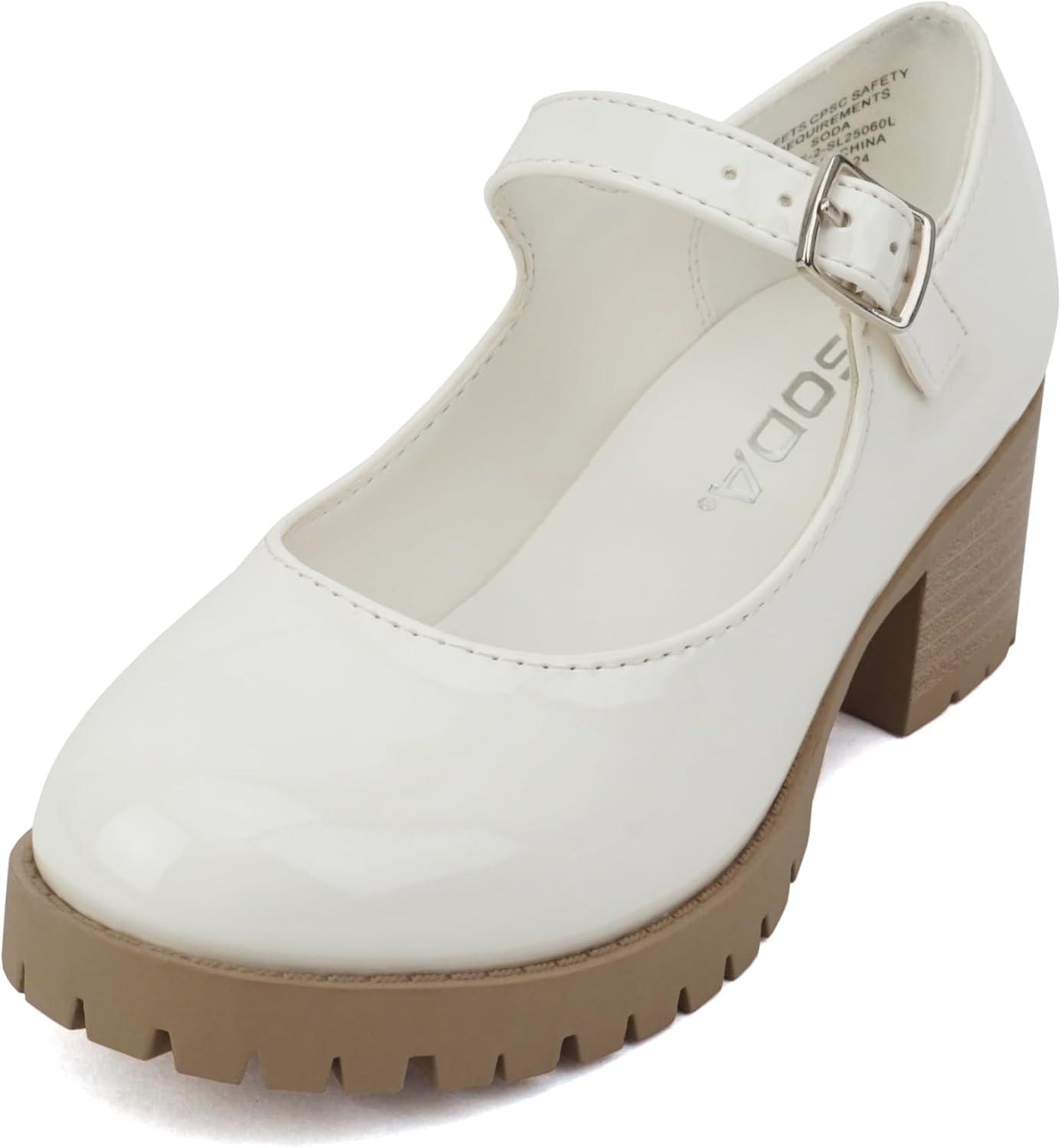 imageSoda Boxer2 KidsChildrenGirls Lug Sole Block Heel Mary Jane with Adjustable StrapWhite PatentNude
