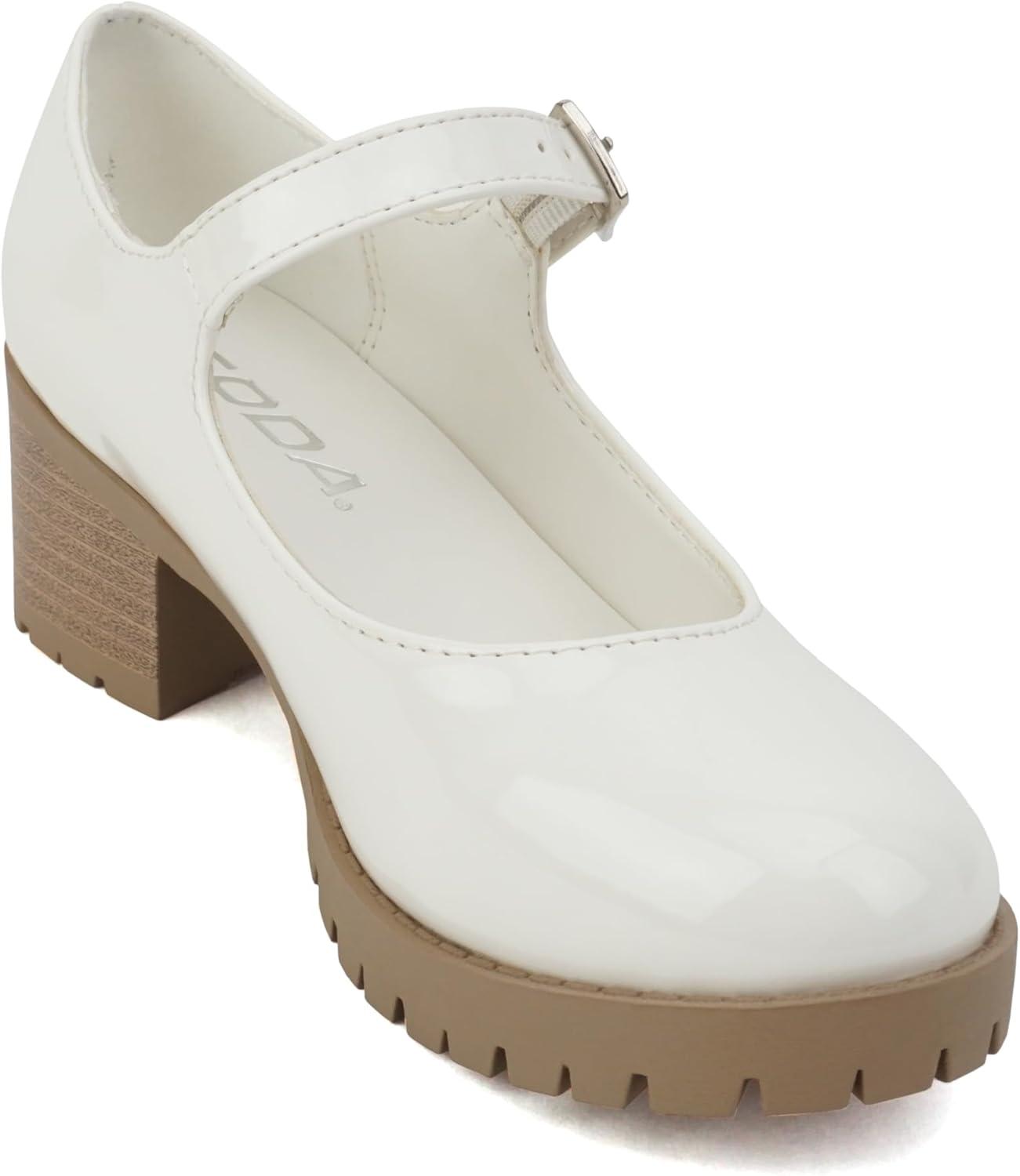 imageSoda Boxer2 KidsChildrenGirls Lug Sole Block Heel Mary Jane with Adjustable StrapWhite PatentNude