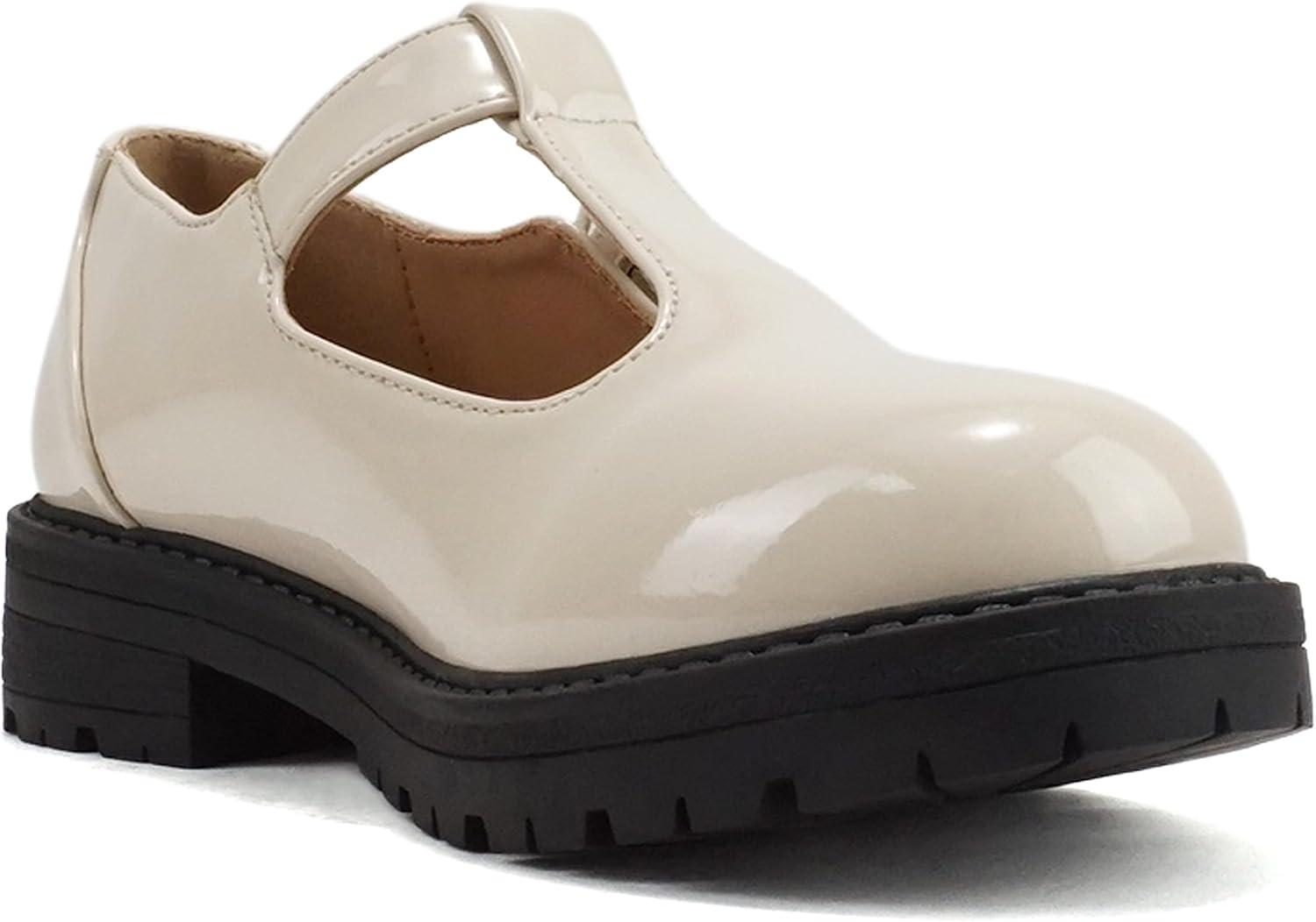 imageSoda GARNY2  Little KidsChildrenGirls Round Closed Toe Hook ampamp Loop TStrap Mary Jane Lug Sole Low Heel ShoeBone Patent