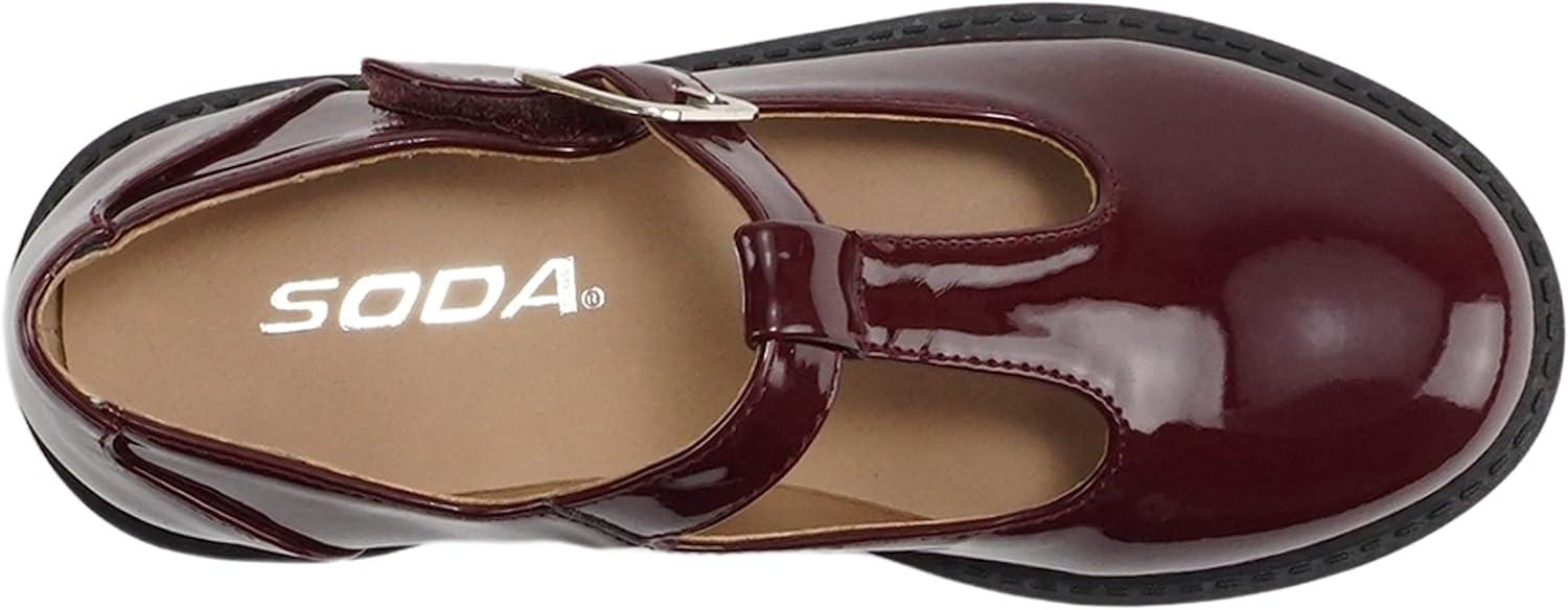 imageSoda GARNY2  Little KidsChildrenGirls Round Closed Toe Hook ampamp Loop TStrap Mary Jane Lug Sole Low Heel ShoeBurgundy Patent