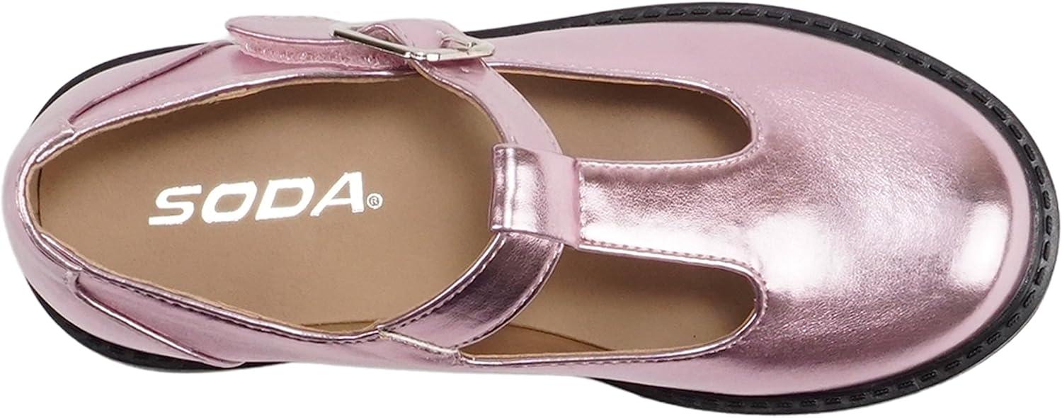 imageSoda GARNY2  Little KidsChildrenGirls Round Closed Toe Hook ampamp Loop TStrap Mary Jane Lug Sole Low Heel ShoePink Metallic Pu
