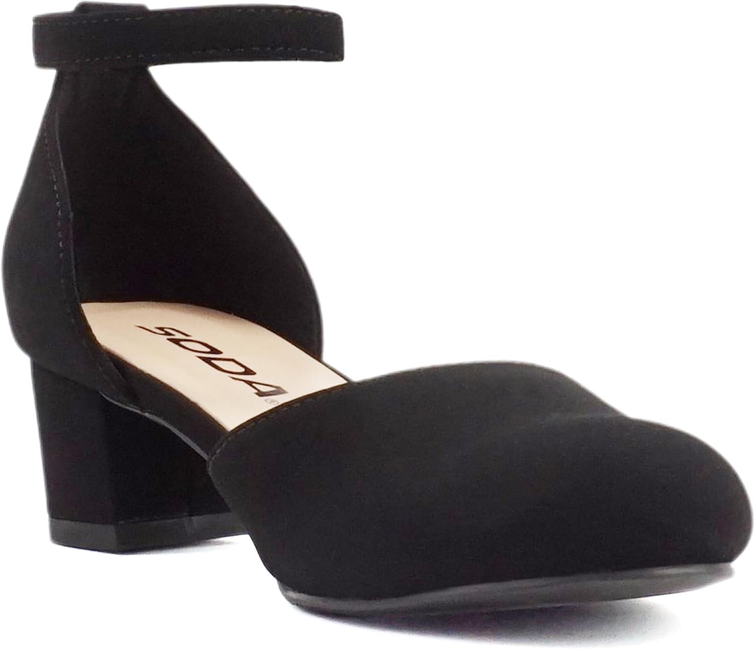 imageSoda Roby2  Little KidsChildrenGirls Round Closed Toe Closed Back Counter Open Side Ankle Strap Low Block Heel Pump ShoeBlack Nubuck