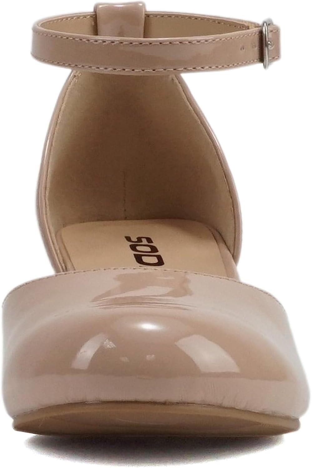 imageSoda Roby2  Little KidsChildrenGirls Round Closed Toe Closed Back Counter Open Side Ankle Strap Low Block Heel Pump ShoeRosy Beige Patent
