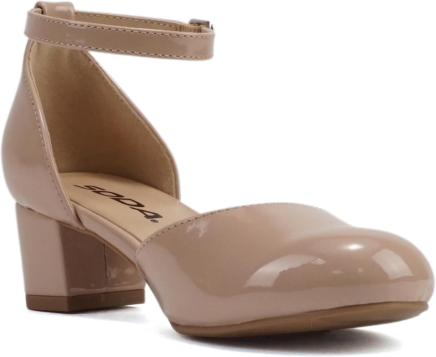 imageSoda Roby2  Little KidsChildrenGirls Round Closed Toe Closed Back Counter Open Side Ankle Strap Low Block Heel Pump ShoeRosy Beige Patent