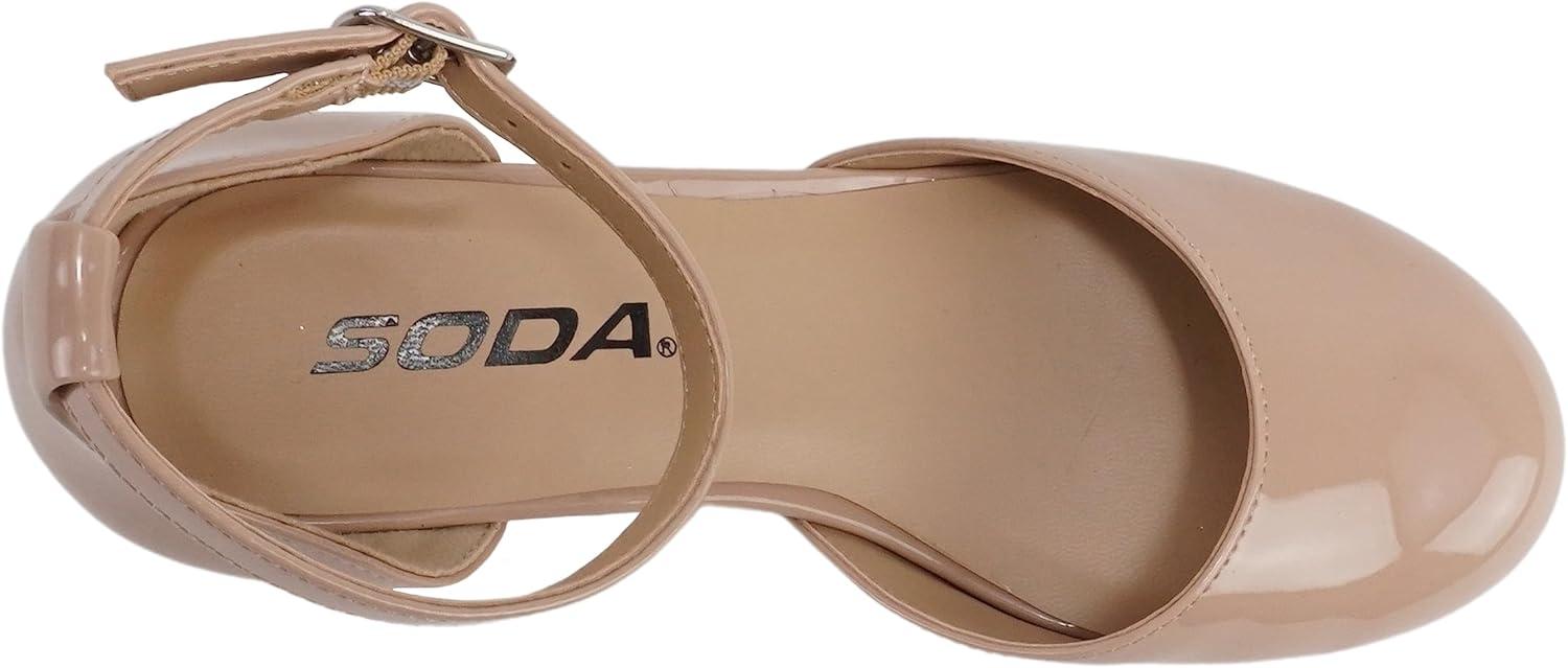 imageSoda Roby2  Little KidsChildrenGirls Round Closed Toe Closed Back Counter Open Side Ankle Strap Low Block Heel Pump ShoeRosy Beige Patent