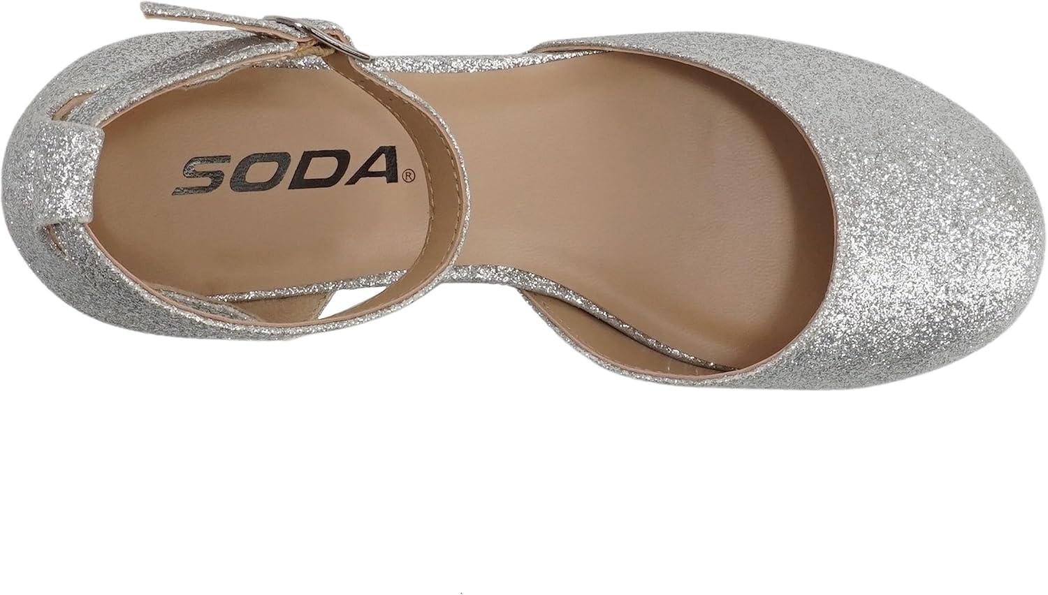 imageSoda Roby2  Little KidsChildrenGirls Round Closed Toe Closed Back Counter Open Side Ankle Strap Low Block Heel Pump ShoeSilver Glitter