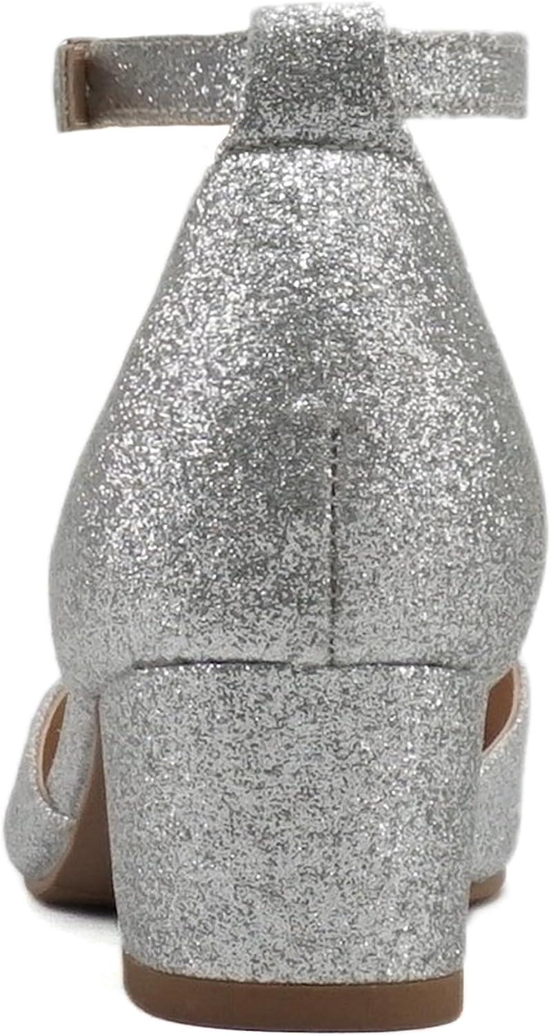 imageSoda Roby2  Little KidsChildrenGirls Round Closed Toe Closed Back Counter Open Side Ankle Strap Low Block Heel Pump ShoeSilver Glitter