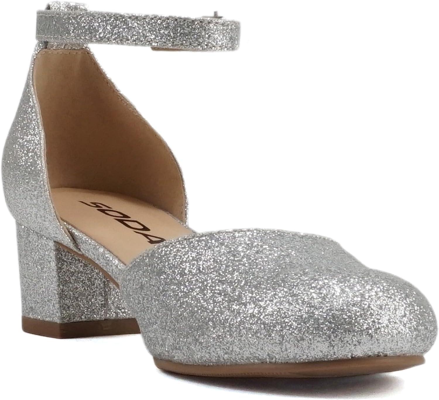 imageSoda Roby2  Little KidsChildrenGirls Round Closed Toe Closed Back Counter Open Side Ankle Strap Low Block Heel Pump ShoeSilver Glitter