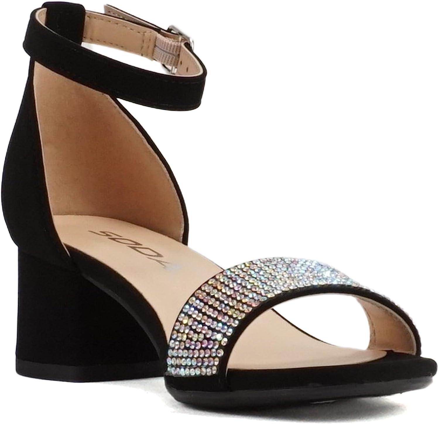 imageSoda VEIL2  Little KidsChildrenGirls Open Round Toe Rhinestone Closed Back Counter Ankle Strap Low Heel SandalBlack Nubuck