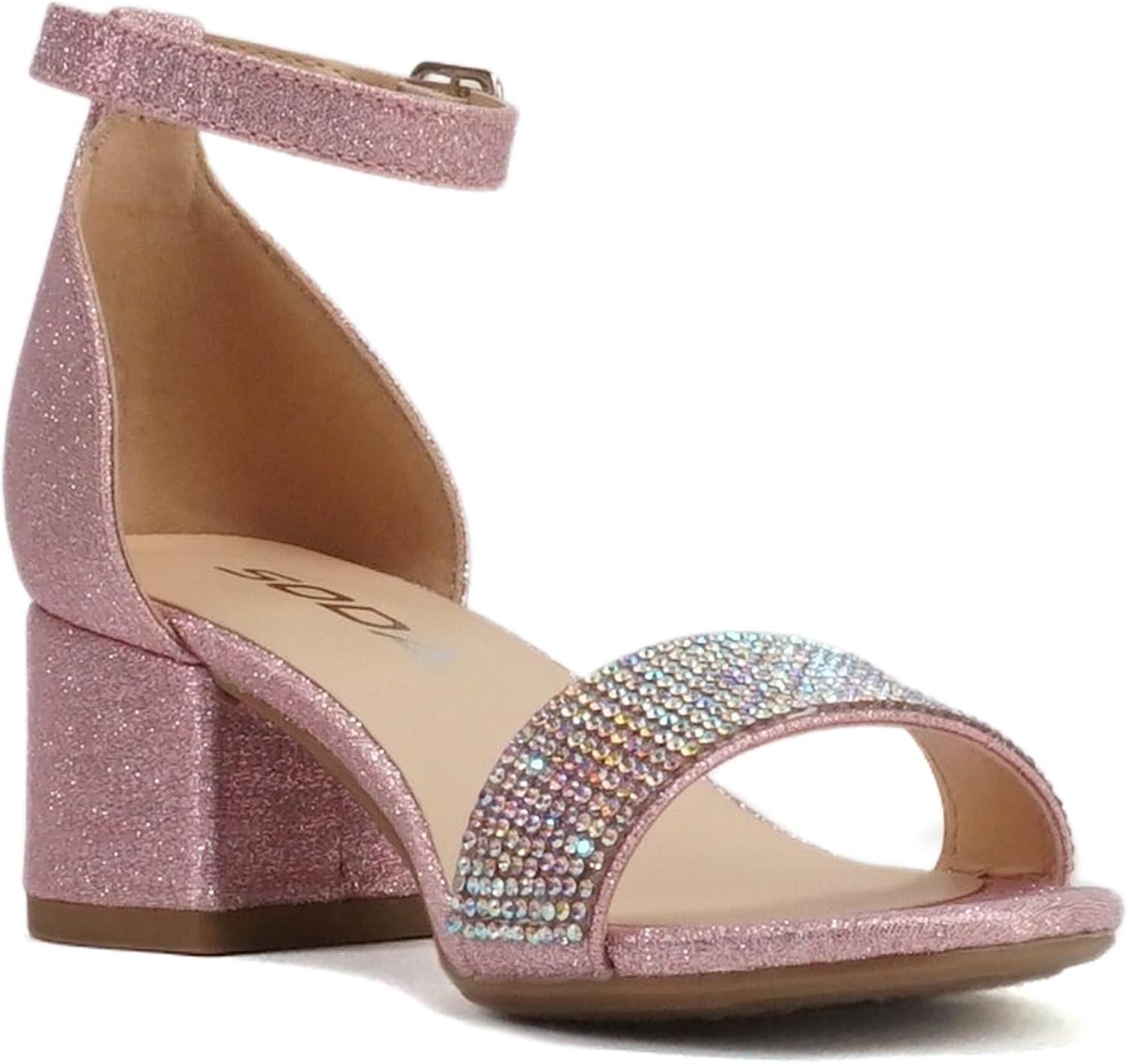 imageSoda VEIL2  Little KidsChildrenGirls Open Round Toe Rhinestone Closed Back Counter Ankle Strap Low Heel SandalPink Fabric