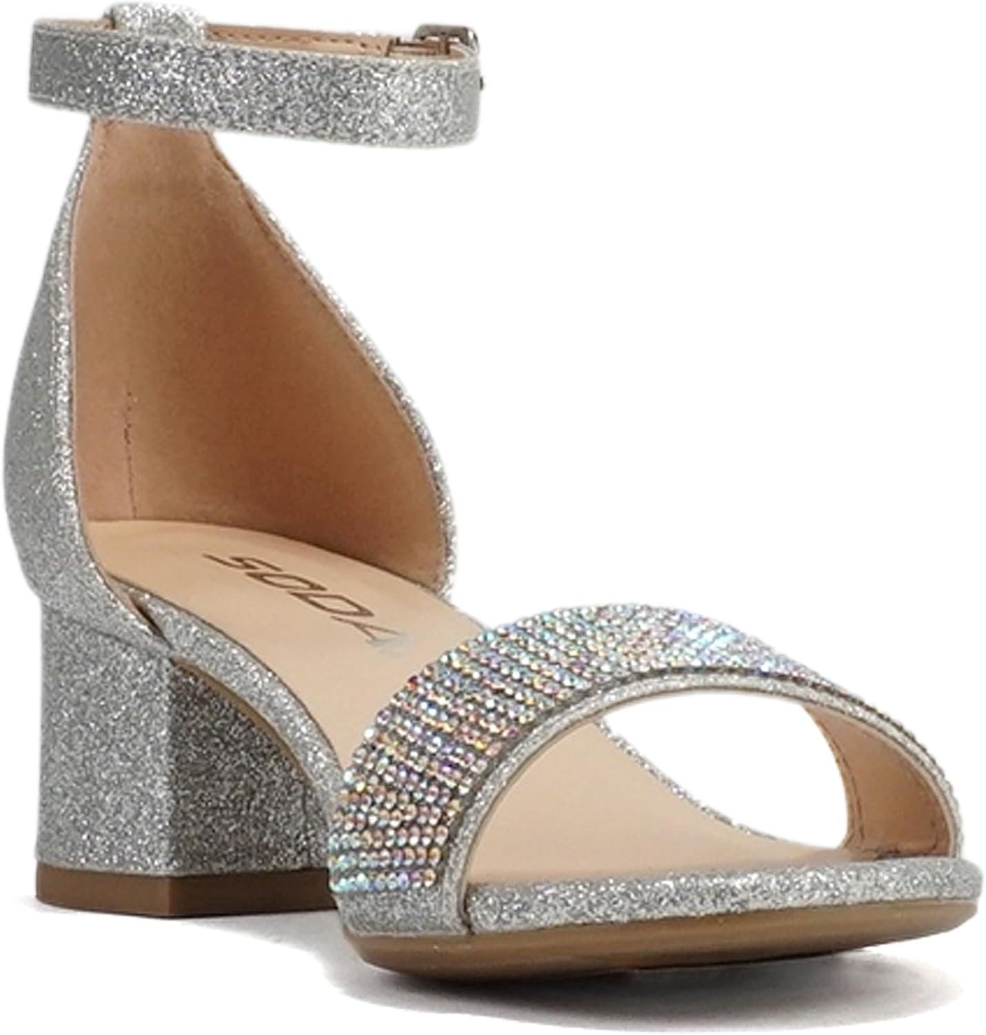 imageSoda VEIL2  Little KidsChildrenGirls Open Round Toe Rhinestone Closed Back Counter Ankle Strap Low Heel SandalSilver Glitter