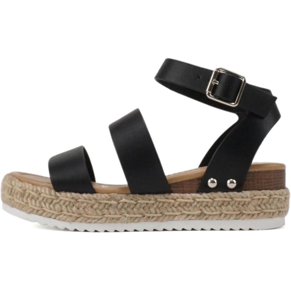 imageSoda BRYCE2 KidsChildrenGirls Open Toe Two Bands Espadrille Jute Platform Wedge Casual Fashion Flatform Sandals with Buckle Ankle StrapBlack Pu