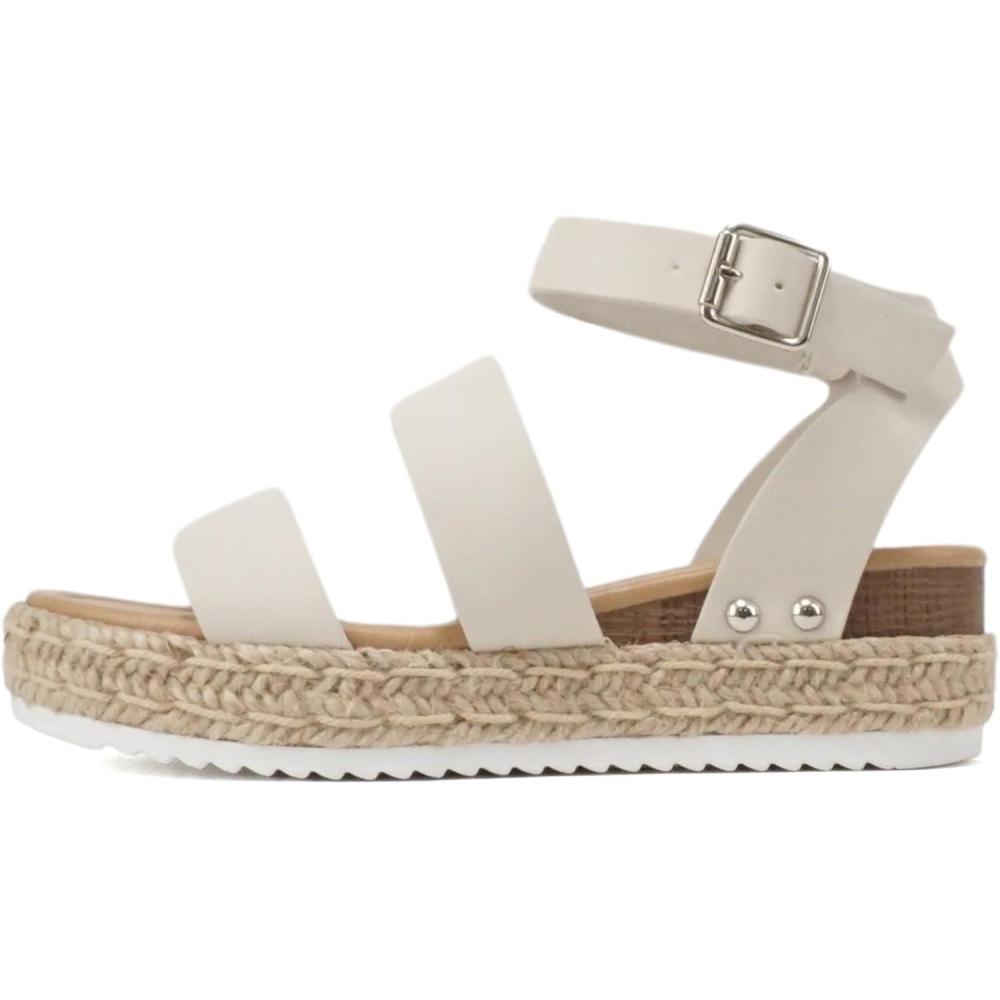 imageSoda BRYCE2 KidsChildrenGirls Open Toe Two Bands Espadrille Jute Platform Wedge Casual Fashion Flatform Sandals with Buckle Ankle StrapIvory Pu