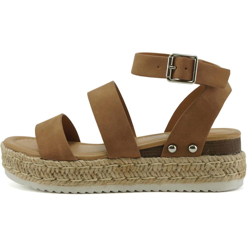 imageSoda BRYCE2 KidsChildrenGirls Open Toe Two Bands Espadrille Jute Platform Wedge Casual Fashion Flatform Sandals with Buckle Ankle StrapTan Nubuck
