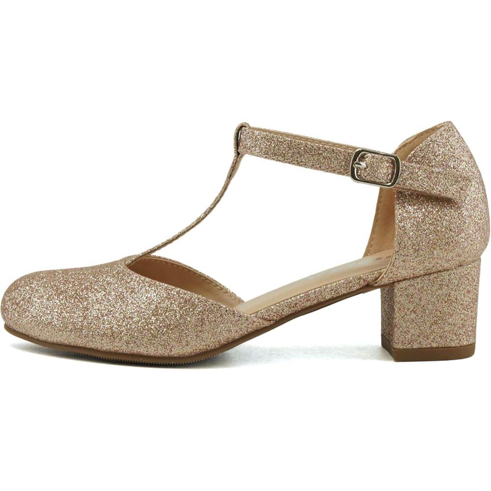 imageSoda Bluff2 KidsChildrenGirls Fashion Sparkly Bling Glitter Classic TStrap Mary Jane Block Heel Rounded ShoesRgold Glitter