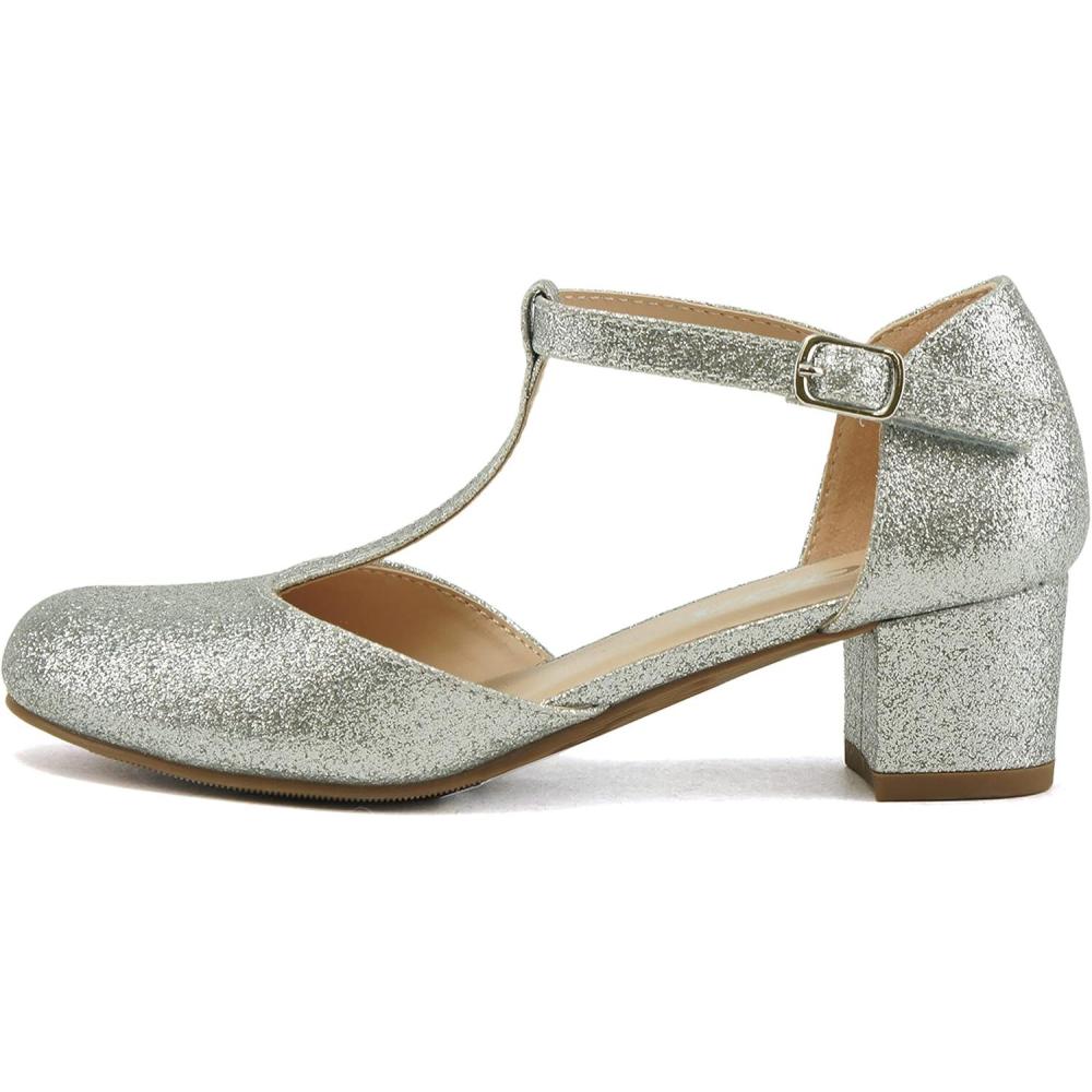 imageSoda Bluff2 KidsChildrenGirls Fashion Sparkly Bling Glitter Classic TStrap Mary Jane Block Heel Rounded ShoesSilver Glitter